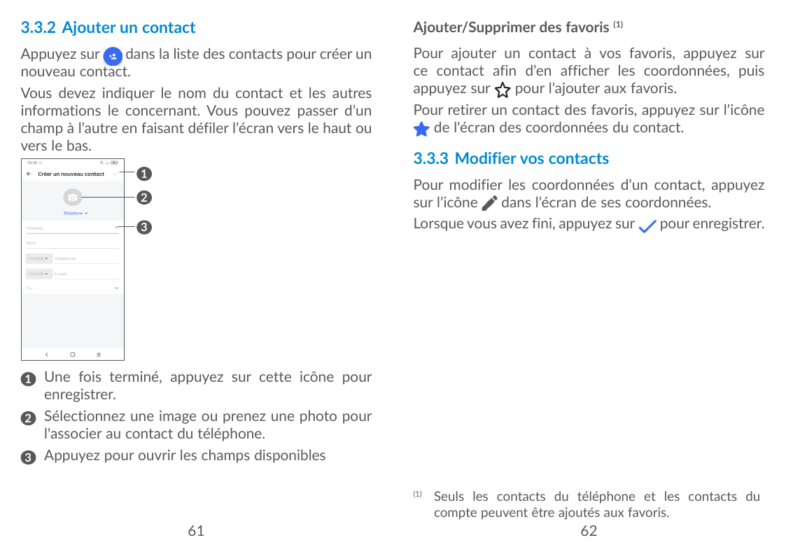 3.3.2 Ajouter un contactAjouter/Supprimer des favoris (1)Appuyez surdans la liste des contacts pour créer unnouveau contact.Vous
