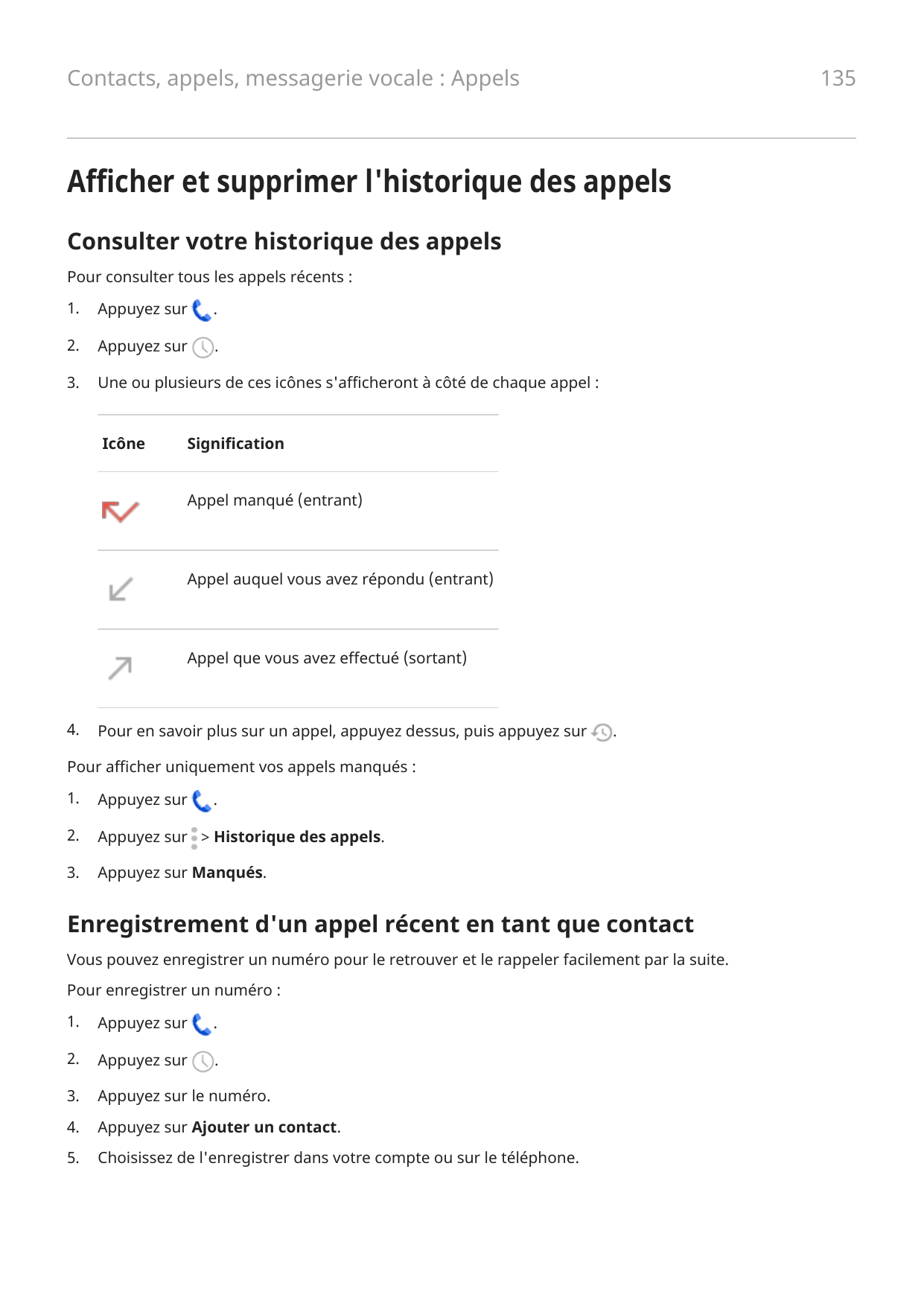 135Contacts, appels, messagerie vocale : AppelsAfficher et supprimer l'historique des appelsConsulter votre historique des appel