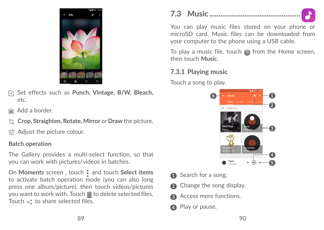 7.3 Music..................................................You can play music files stored on your phone ormicroSD card. Music f