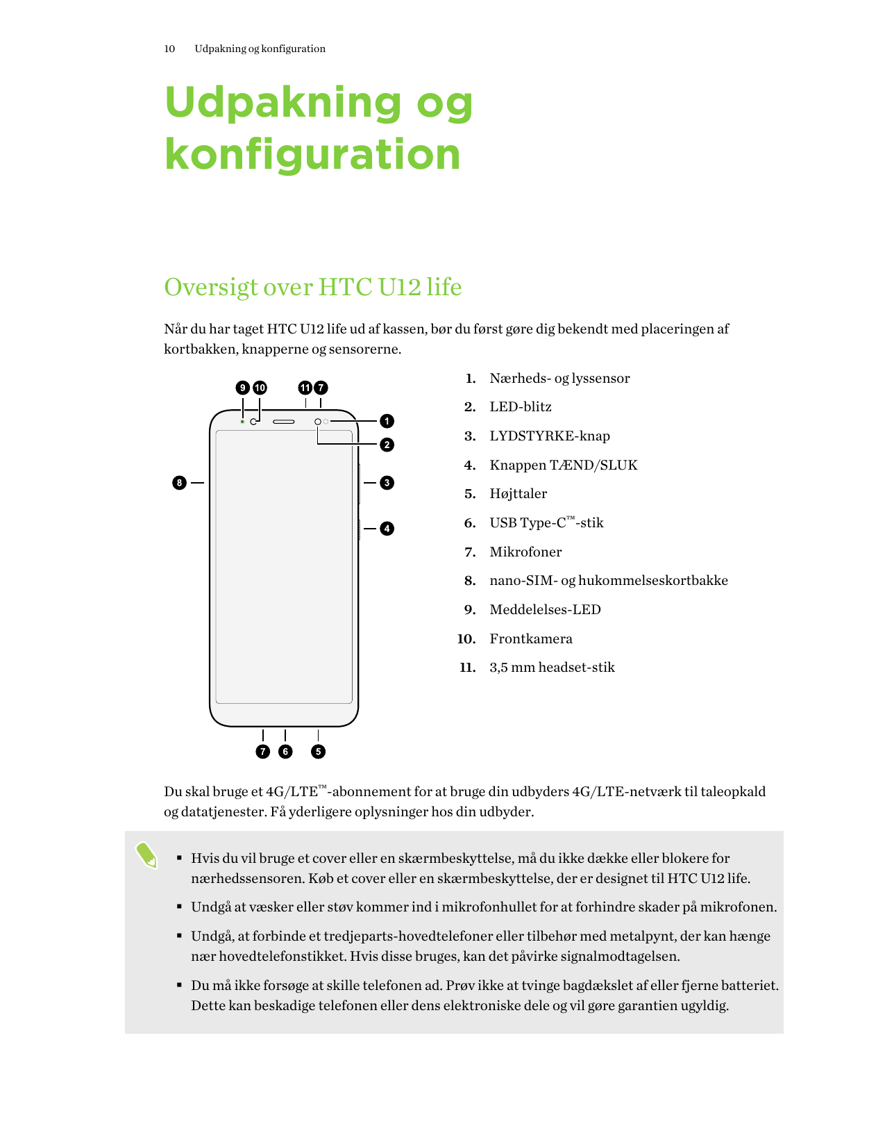 10Udpakning og konfigurationUdpakning ogkonfigurationOversigt over HTC U12 lifeNår du har taget HTC U12 life ud af kassen, bør d