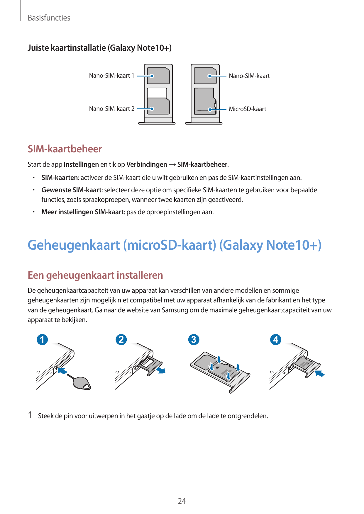 BasisfunctiesJuiste kaartinstallatie (Galaxy Note10+)Nano-SIM-kaart 1Nano-SIM-kaartNano-SIM-kaart 2MicroSD-kaartSIM-kaartbeheerS