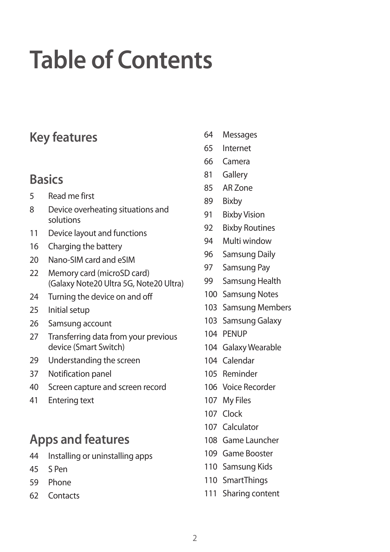 Table of ContentsKey features64Messages65Internet66Camera81Gallery85 AR Zone89Bixby91 Bixby Vision92 Bixby Routines94 Multi wind