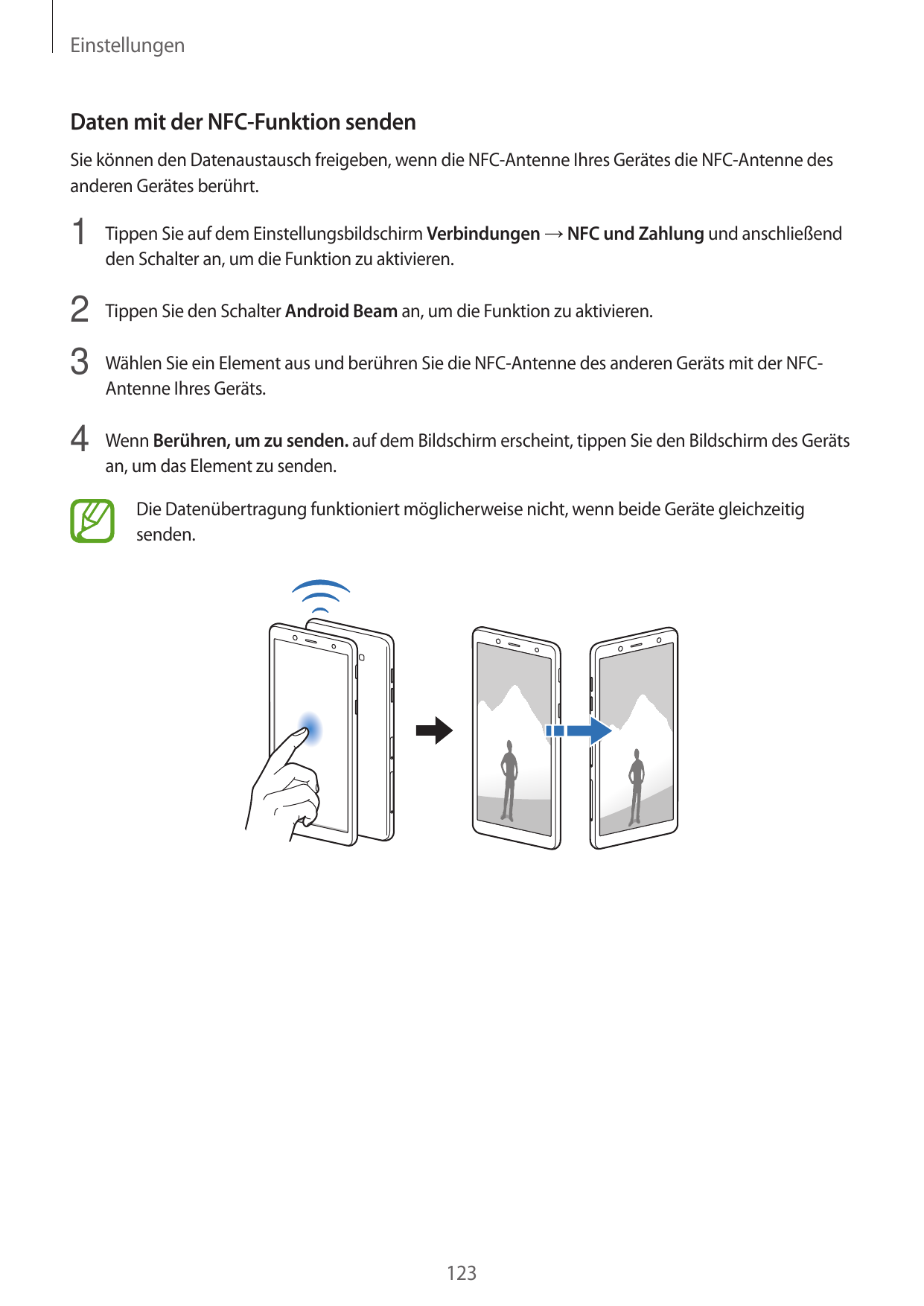 EinstellungenDaten mit der NFC-Funktion sendenSie können den Datenaustausch freigeben, wenn die NFC-Antenne Ihres Gerätes die NF