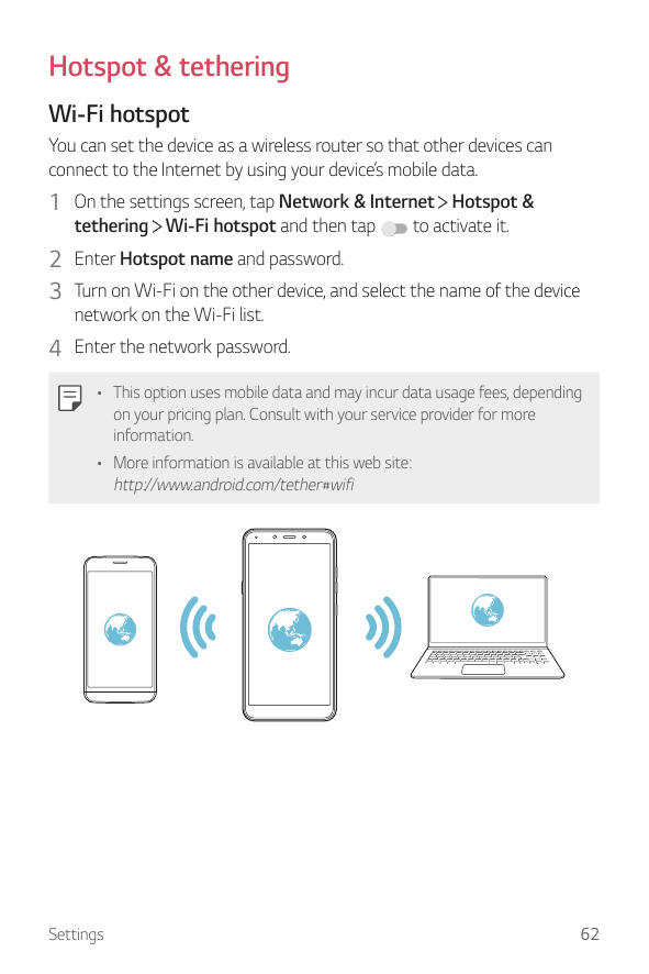 Hotspot & tetheringWi-Fi hotspotYou can set the device as a wireless router so that other devices canconnect to the Internet by 