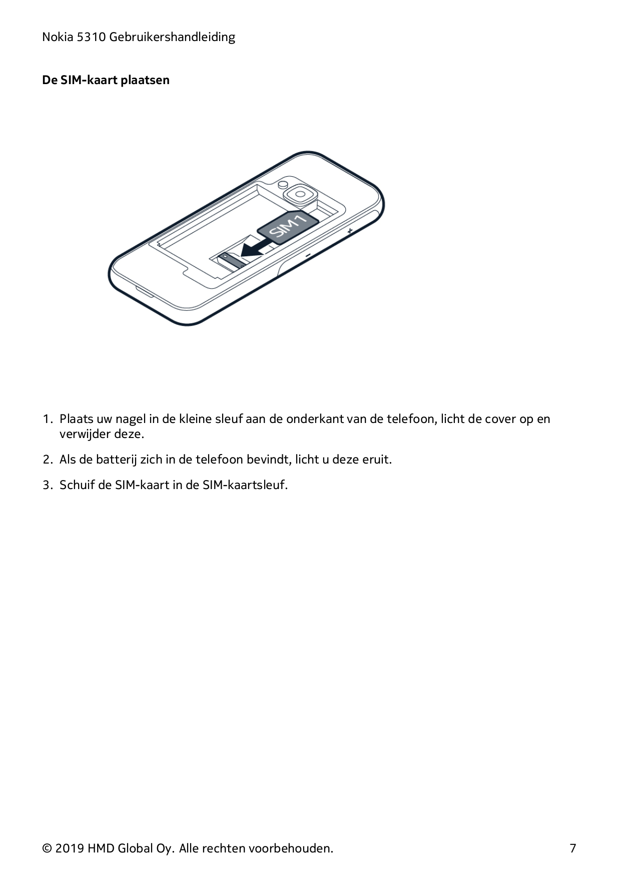 Nokia 5310 GebruikershandleidingDe SIM-kaart plaatsen1. Plaats uw nagel in de kleine sleuf aan de onderkant van de telefoon, lic