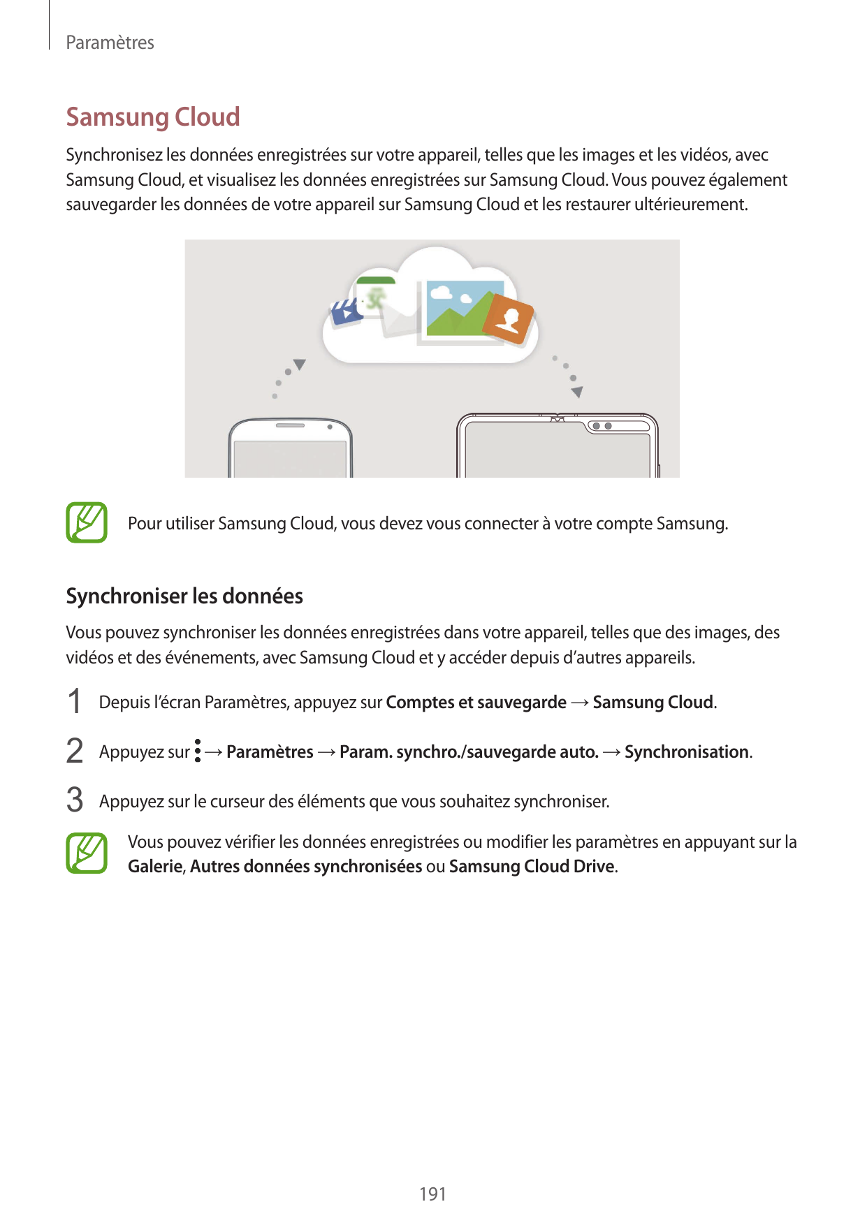 ParamètresSamsung CloudSynchronisez les données enregistrées sur votre appareil, telles que les images et les vidéos, avecSamsun