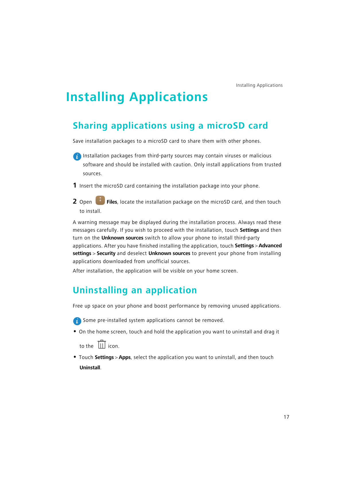 Installing ApplicationsInstalling ApplicationsSharing applications using a microSD cardSave installation packages to a microSD c
