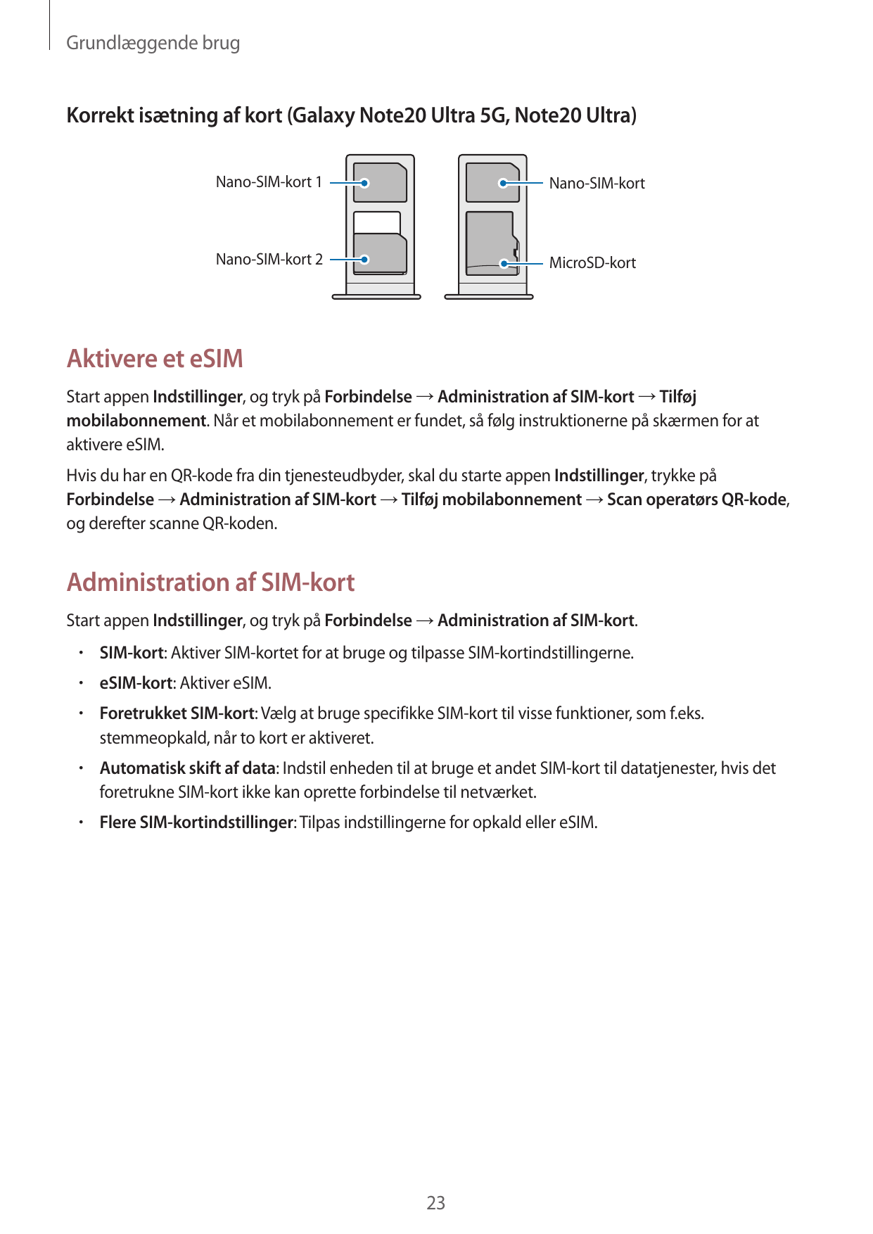 Grundlæggende brugKorrekt isætning af kort (Galaxy Note20 Ultra 5G, Note20 Ultra)Nano-SIM-kort 1Nano-SIM-kortNano-SIM-kort 2Micr