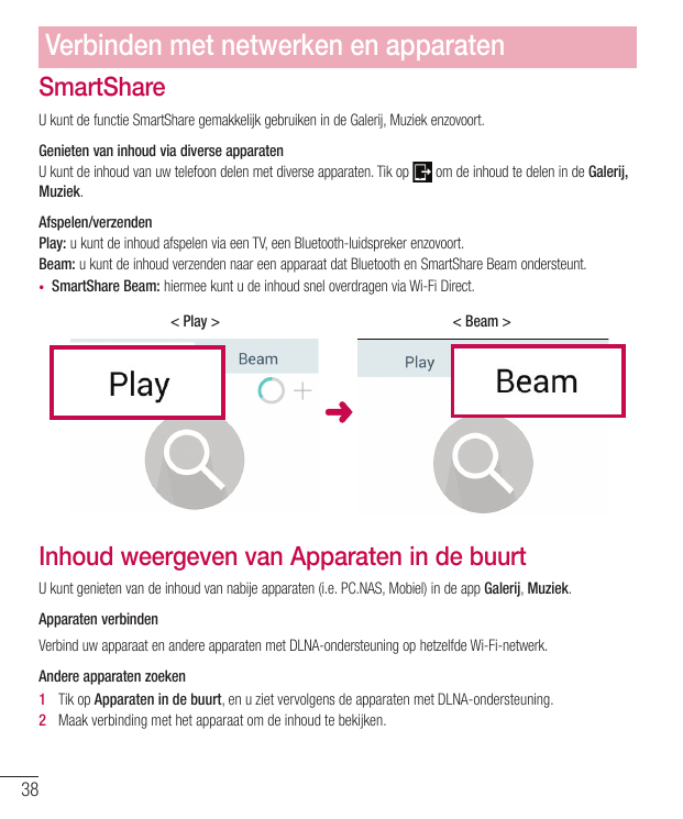 Verbinden met netwerken en apparatenSmartShareU kunt de functie SmartShare gemakkelijk gebruiken in de Galerij, Muziek enzovoort