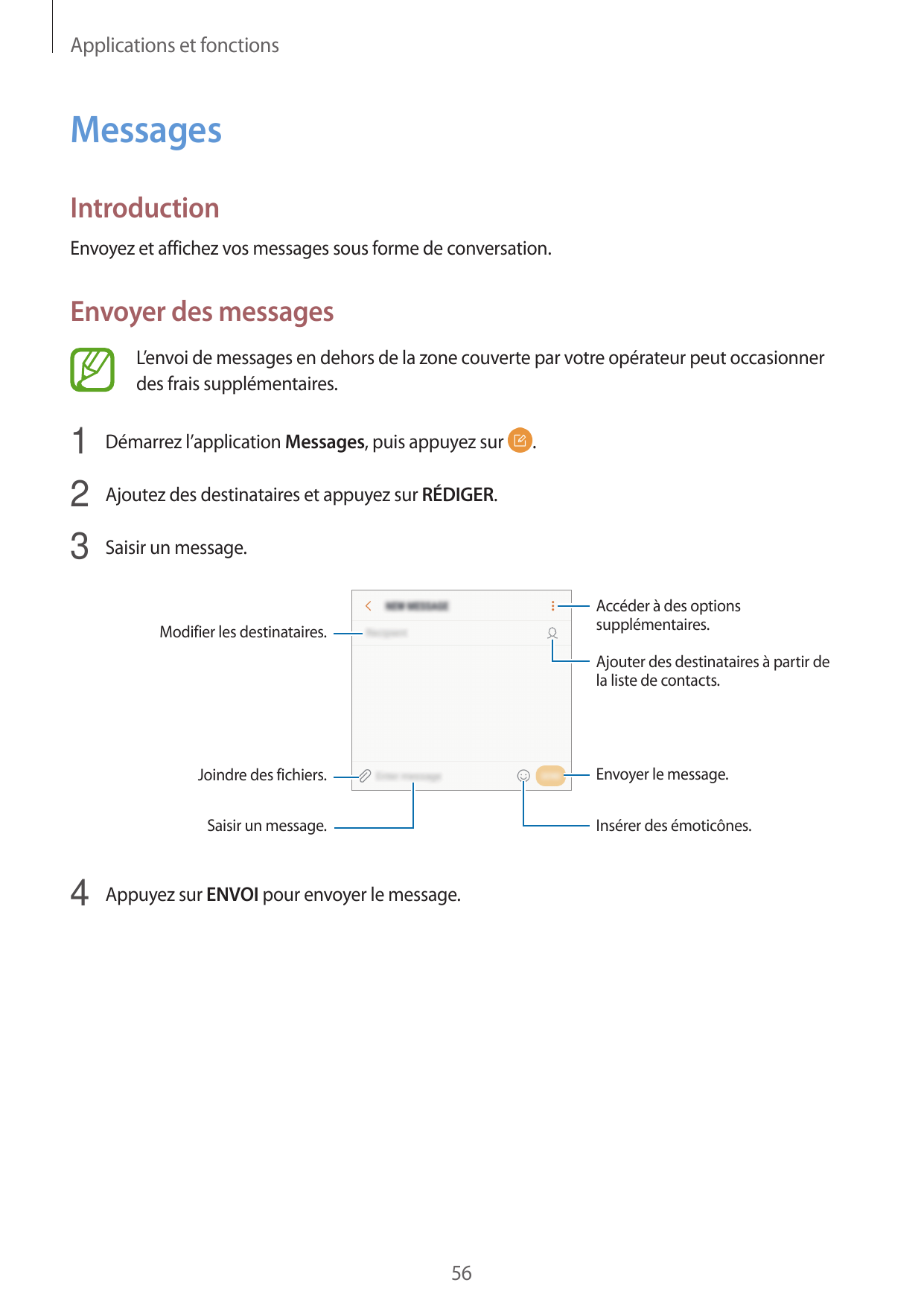 Applications et fonctionsMessagesIntroductionEnvoyez et affichez vos messages sous forme de conversation.Envoyer des messagesL’e