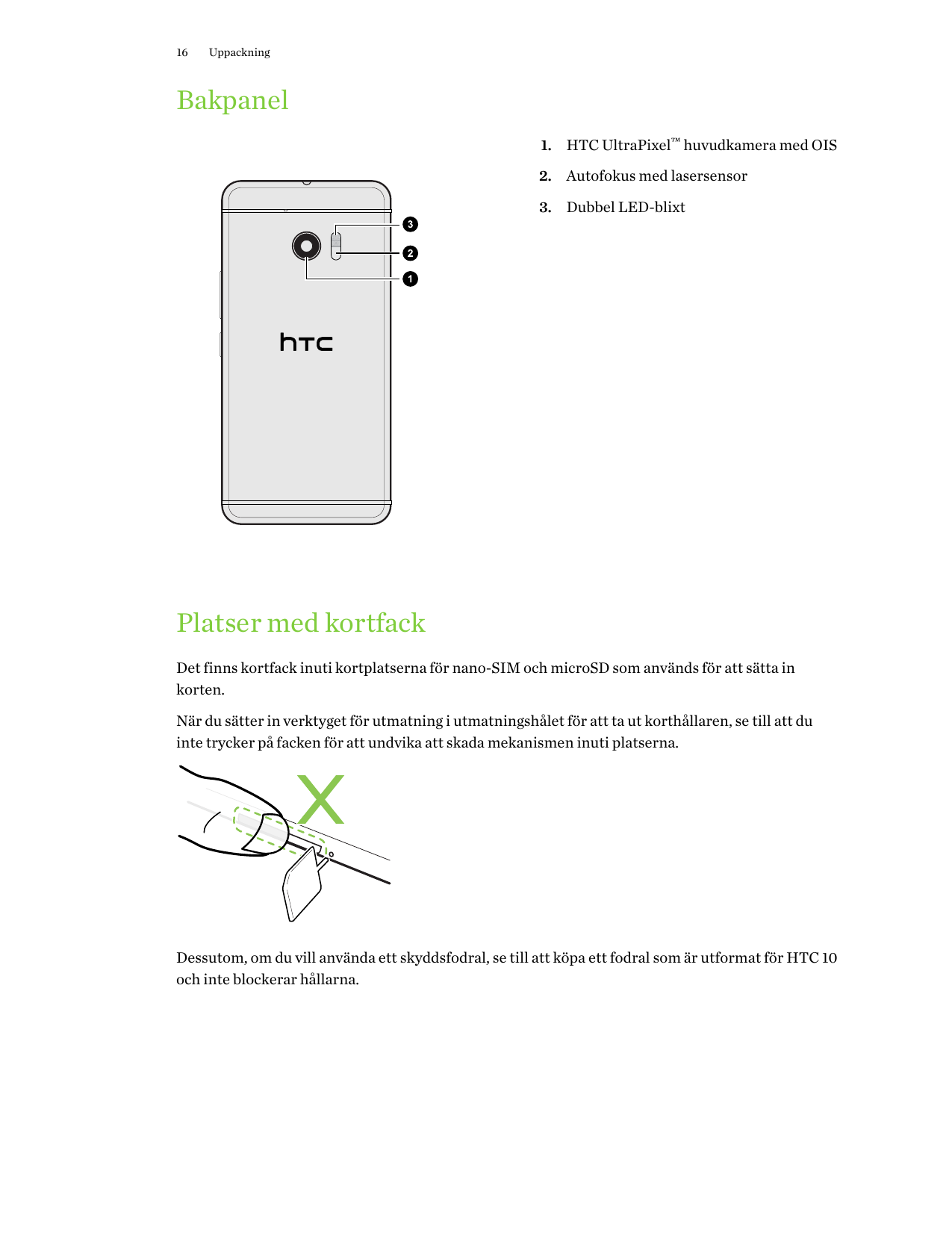 16UppackningBakpanel1. HTC UltraPixel™ huvudkamera med OIS2. Autofokus med lasersensor3. Dubbel LED-blixtPlatser med kortfackDet