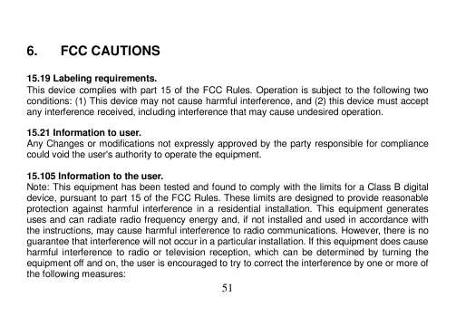 6.FCC CAUTIONS15.19 Labeling requirements.This device complies with part 15 of the FCC Rules. Operation is subject to the follow