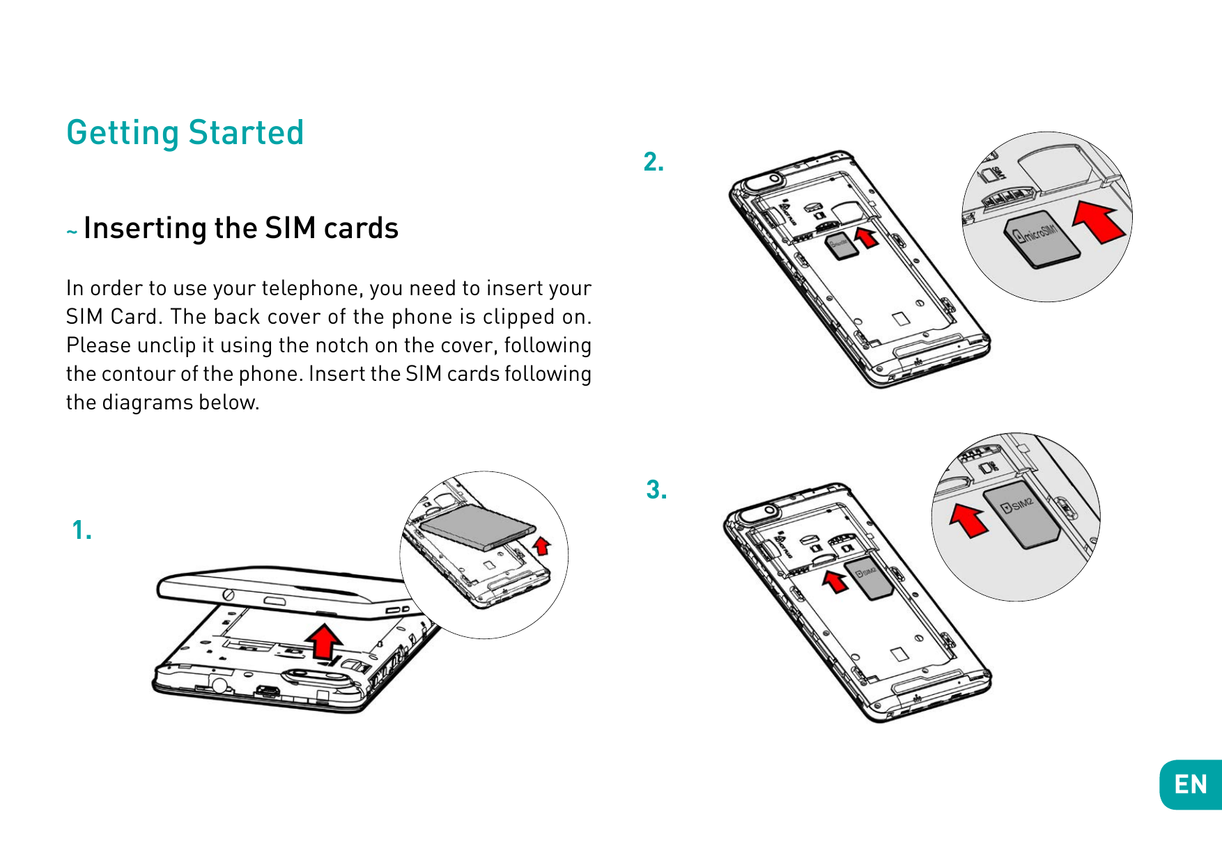 Getting Started2.~ Inserting the SIM cardsIn order to use your telephone, you need to insert yourSIM Card. The back cover of the