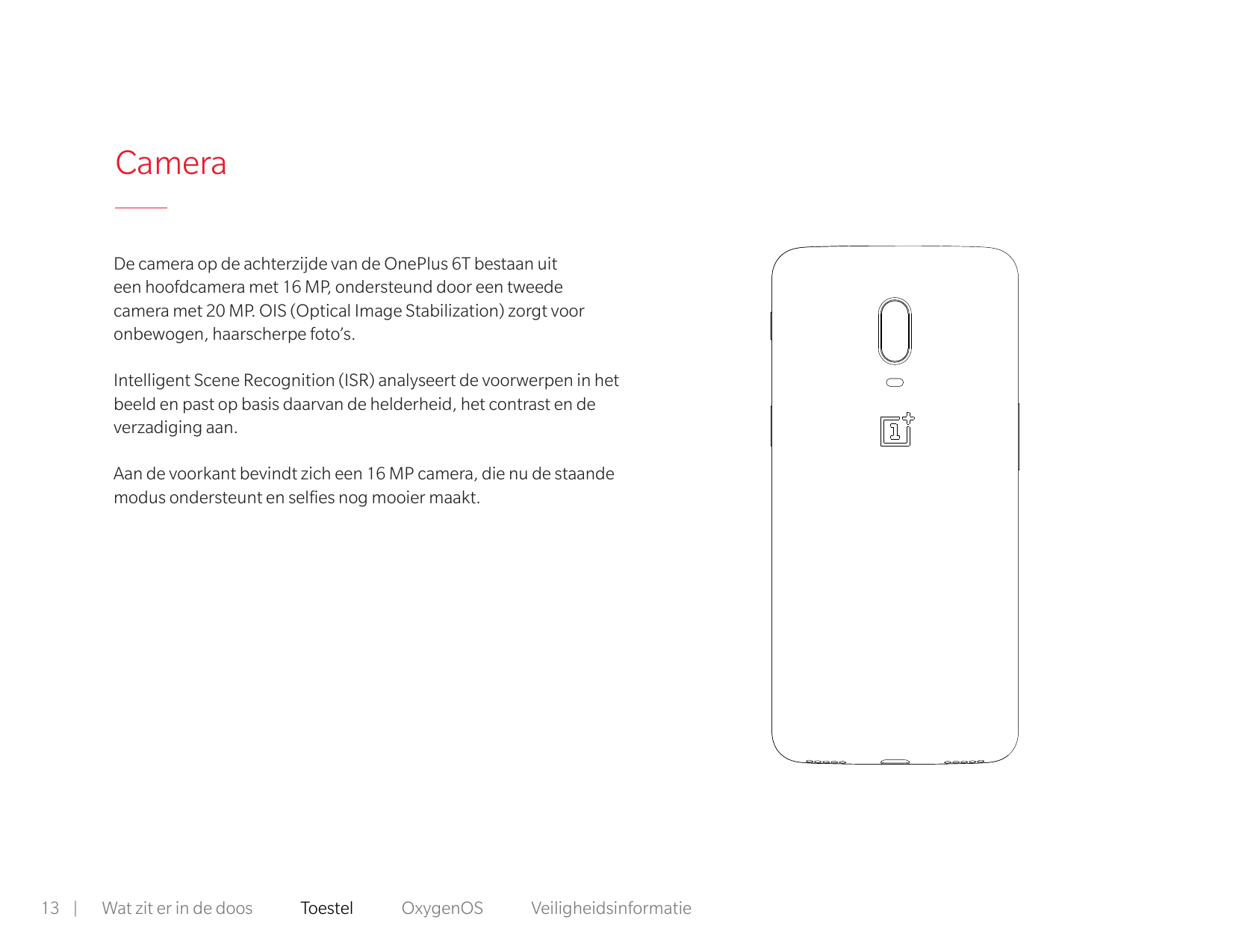 CameraDe camera op de achterzijde van de OnePlus 6T bestaan uiteen hoofdcamera met 16 MP, ondersteund door een tweedecamera met 