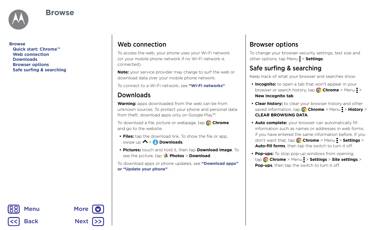 BrowseBrowseQuick start: Chrome™Web connectionDownloadsBrowser optionsSafe surfing & searchingWeb connectionBrowser optionsTo ac