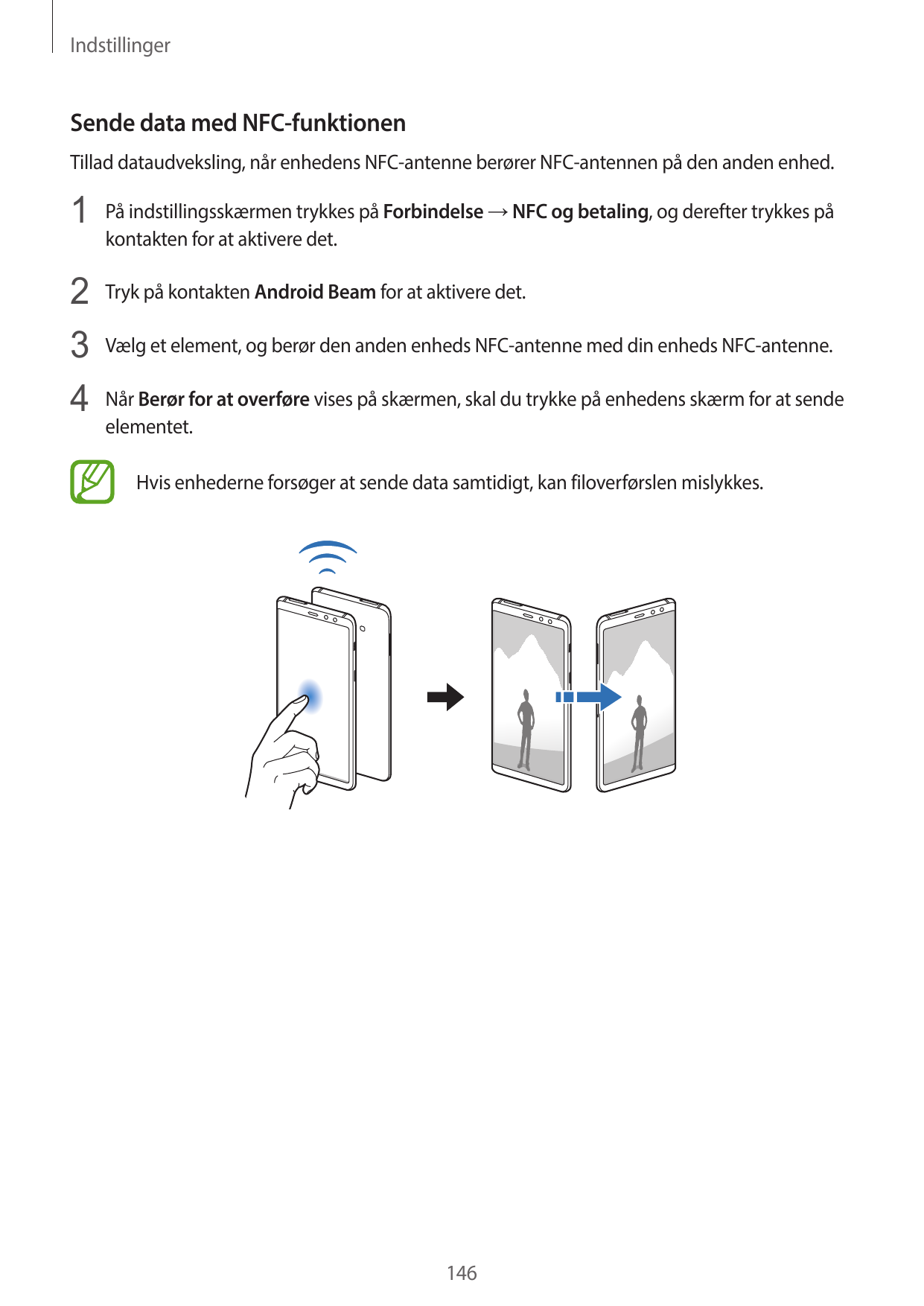 IndstillingerSende data med NFC-funktionenTillad dataudveksling, når enhedens NFC-antenne berører NFC-antennen på den anden enhe