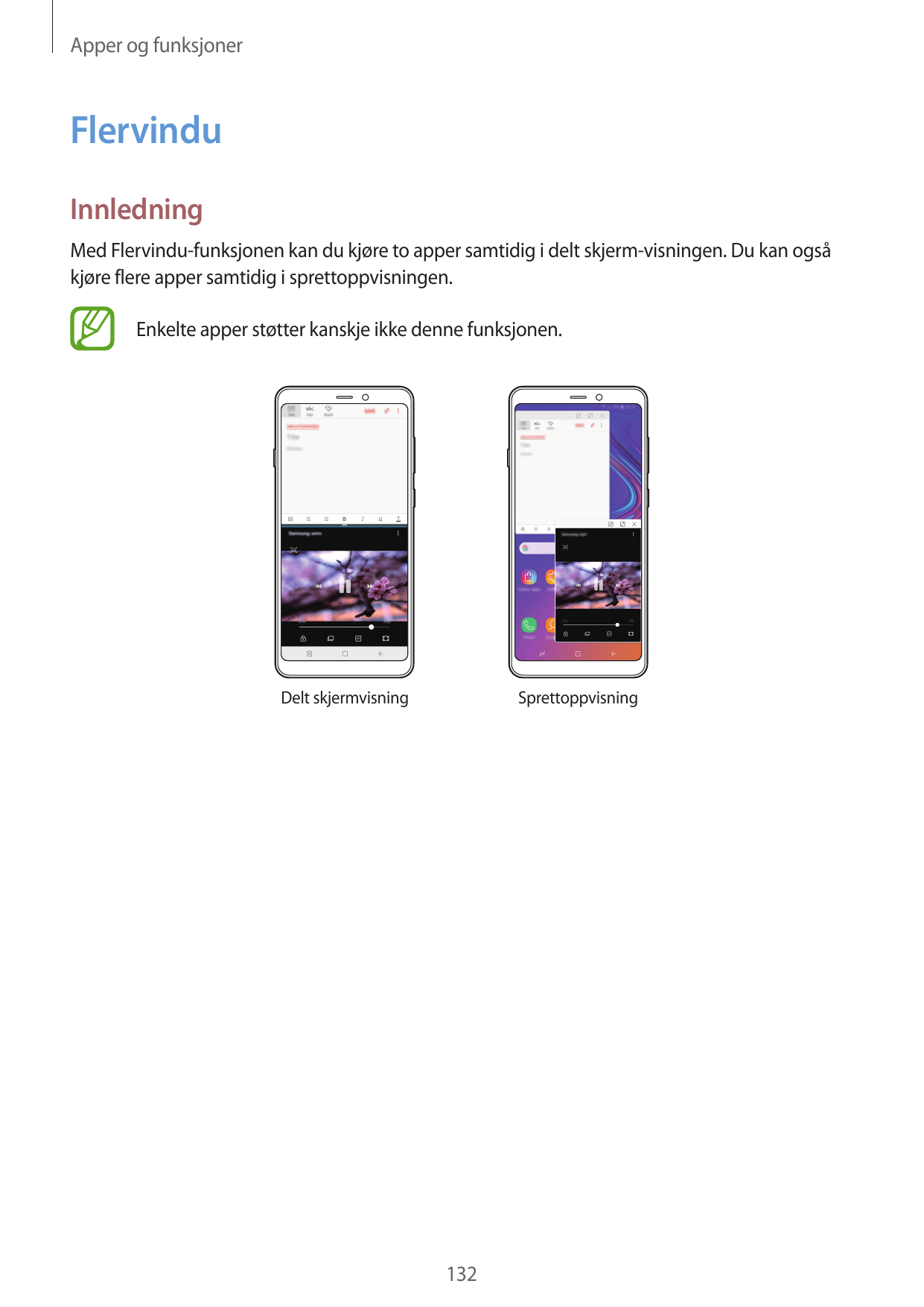 Apper og funksjonerFlervinduInnledningMed Flervindu-funksjonen kan du kjøre to apper samtidig i delt skjerm-visningen. Du kan og