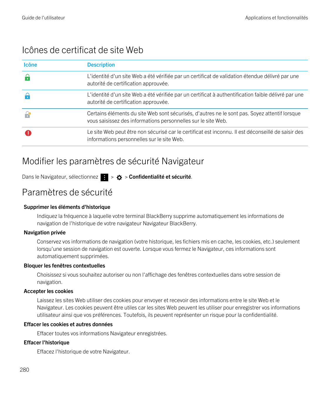 Guide de l'utilisateurApplications et fonctionnalitésIcônes de certificat de site WebIcôneDescriptionL'identité d'un site Web a 