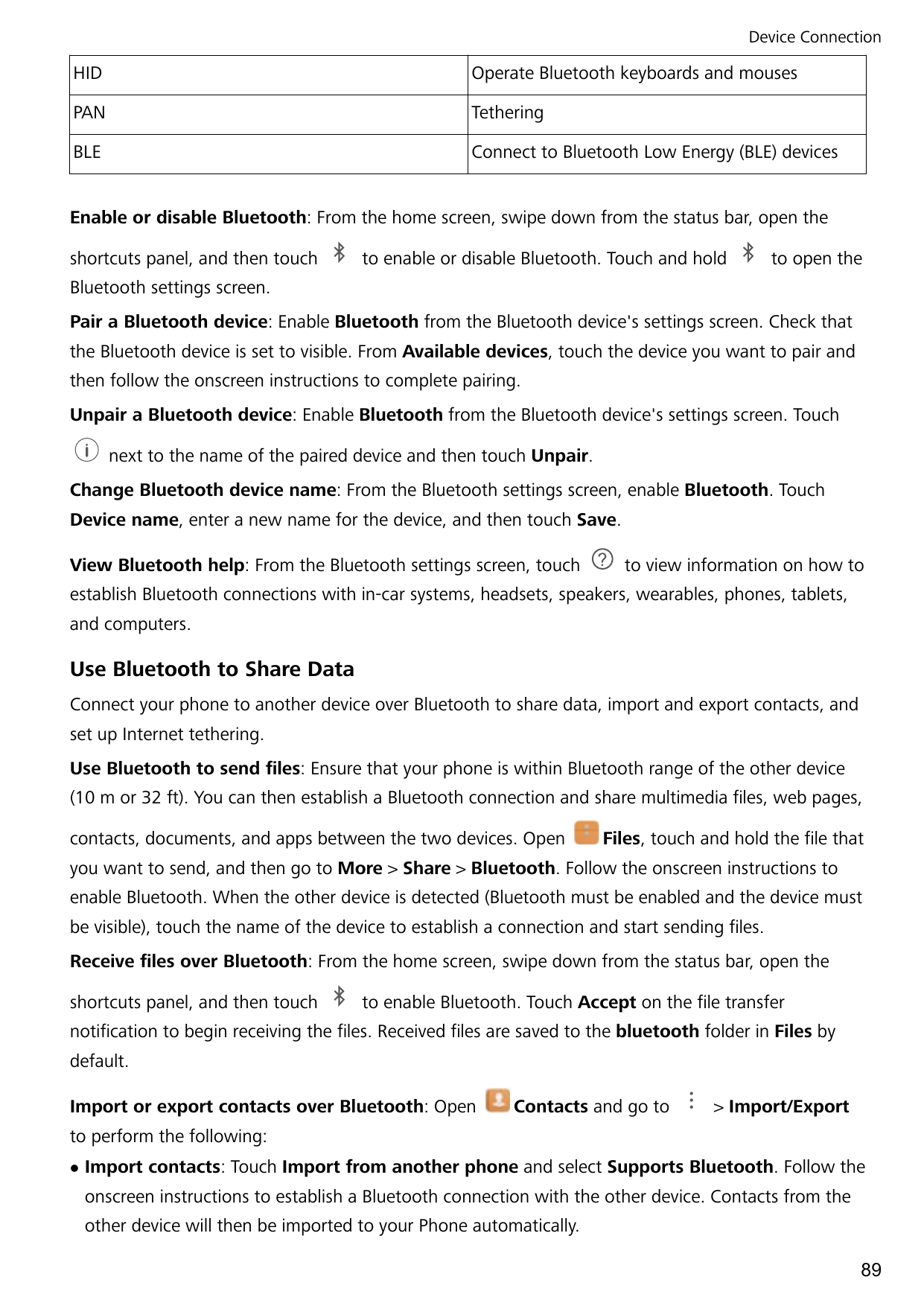 Device ConnectionHIDOperate Bluetooth keyboards and mousesPANTetheringBLEConnect to Bluetooth Low Energy (BLE) devicesEnable or 