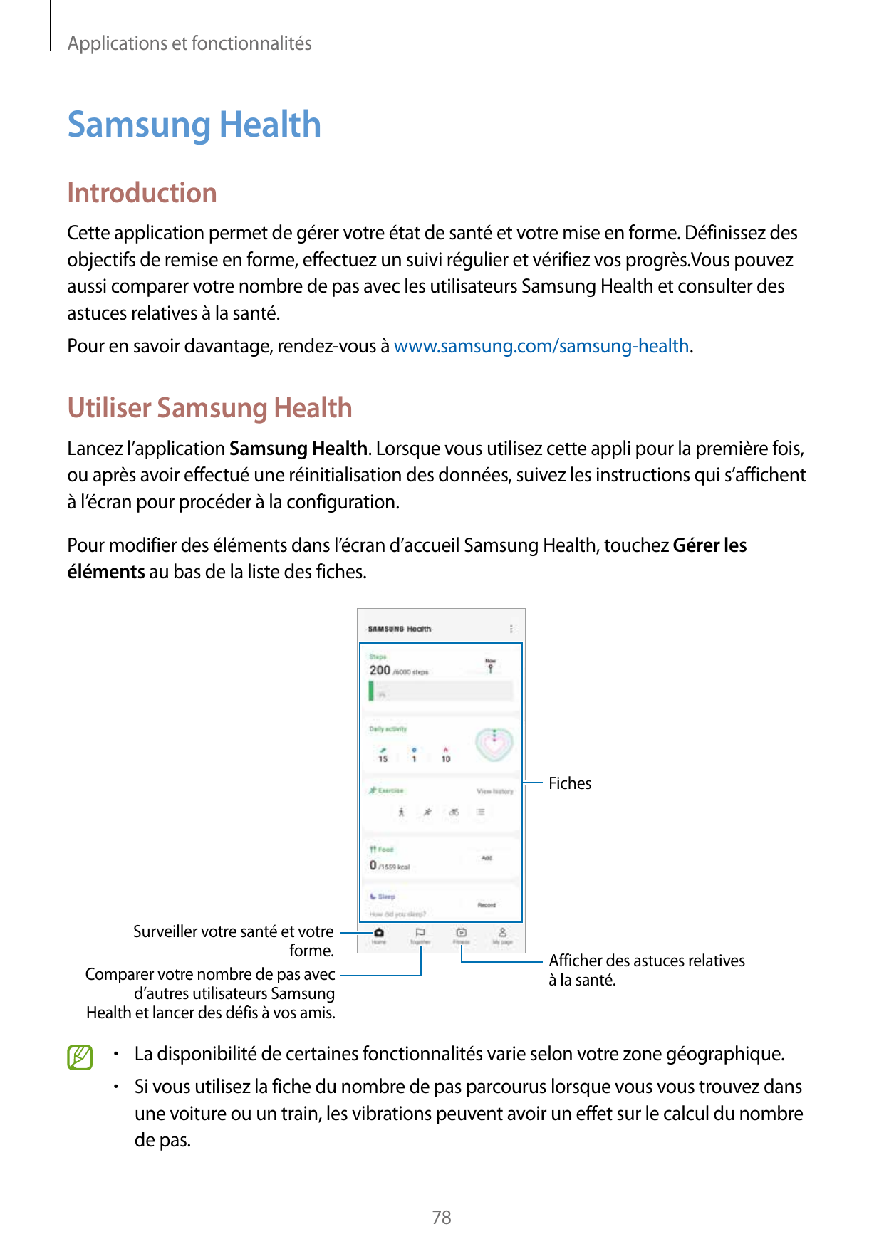 Applications et fonctionnalitésSamsung HealthIntroductionCette application permet de gérer votre état de santé et votre mise en 