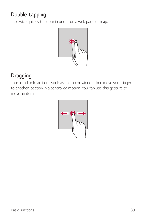 Double-tappingTap twice quickly to zoom in or out on a web page or map.DraggingTouch and hold an item, such as an app or widget,