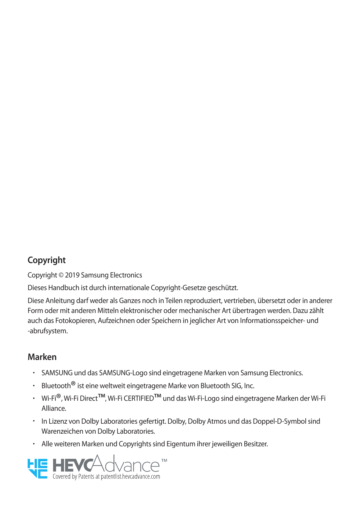 CopyrightCopyright © 2019 Samsung ElectronicsDieses Handbuch ist durch internationale Copyright-Gesetze geschützt.Diese Anleitun