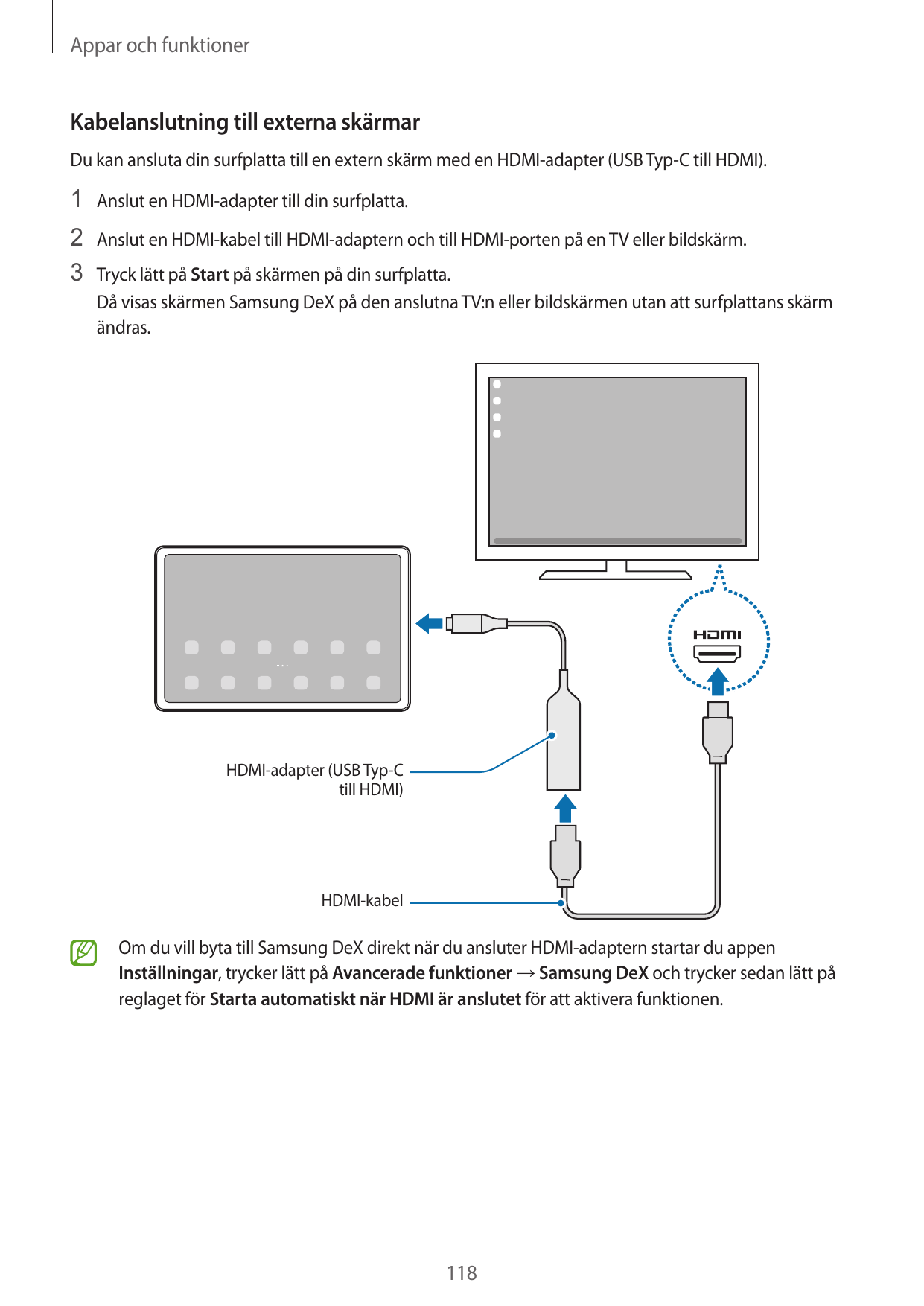Appar och funktionerKabelanslutning till externa skärmarDu kan ansluta din surfplatta till en extern skärm med en HDMI-adapter (