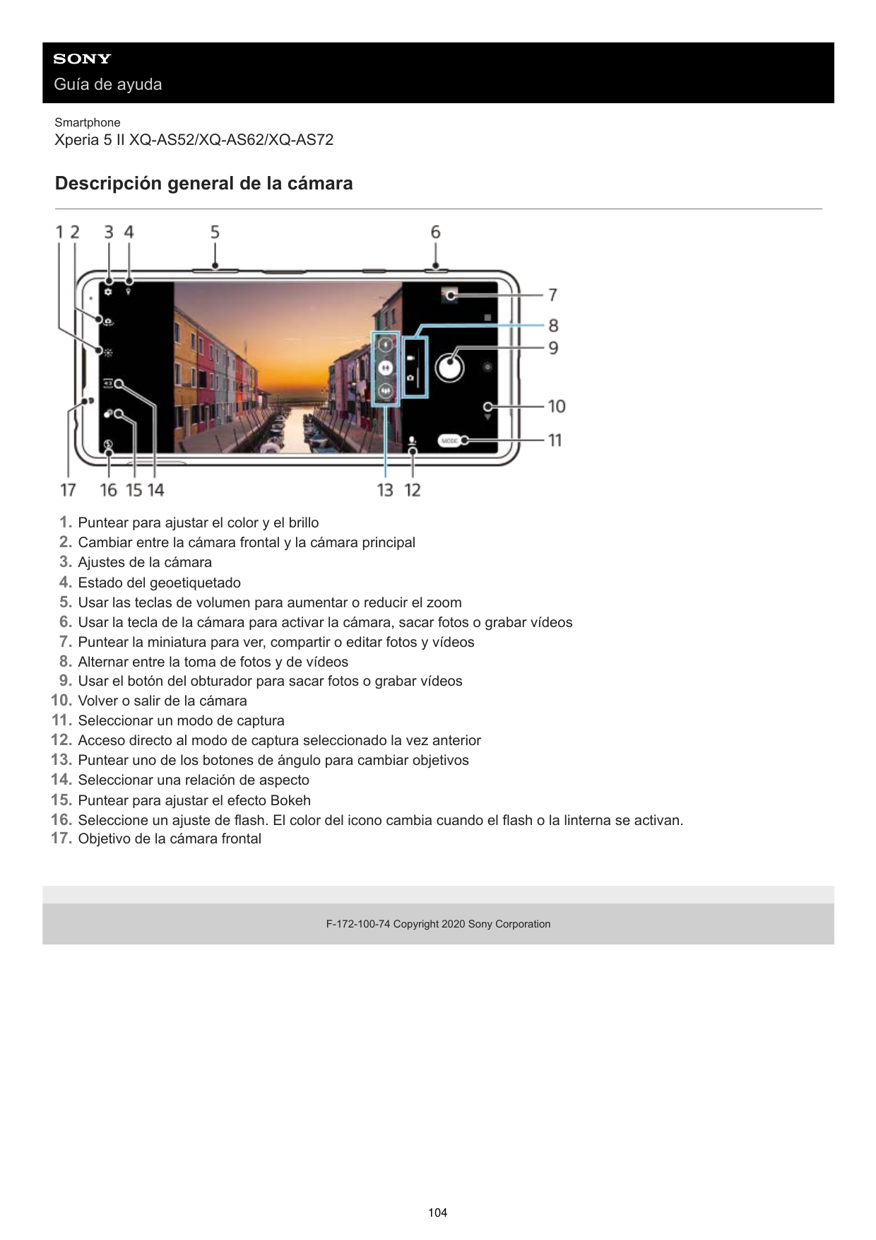Guía de ayudaSmartphoneXperia 5 II XQ-AS52/XQ-AS62/XQ-AS72Descripción general de la cámara1.2.3.4.5.6.7.8.9.10.11.12.13.14.15.16
