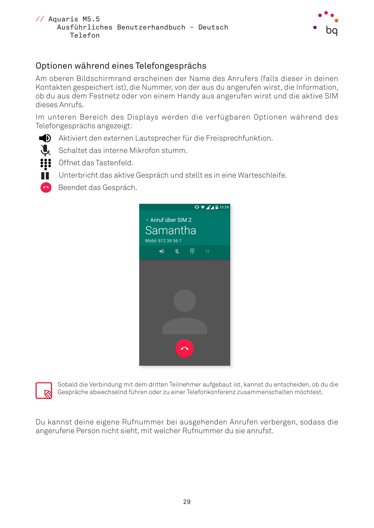 // Aquaris M5.5Ausführliches Benutzerhandbuch - DeutschTelefonOptionen während eines TelefongesprächsAm oberen Bildschirmrand er