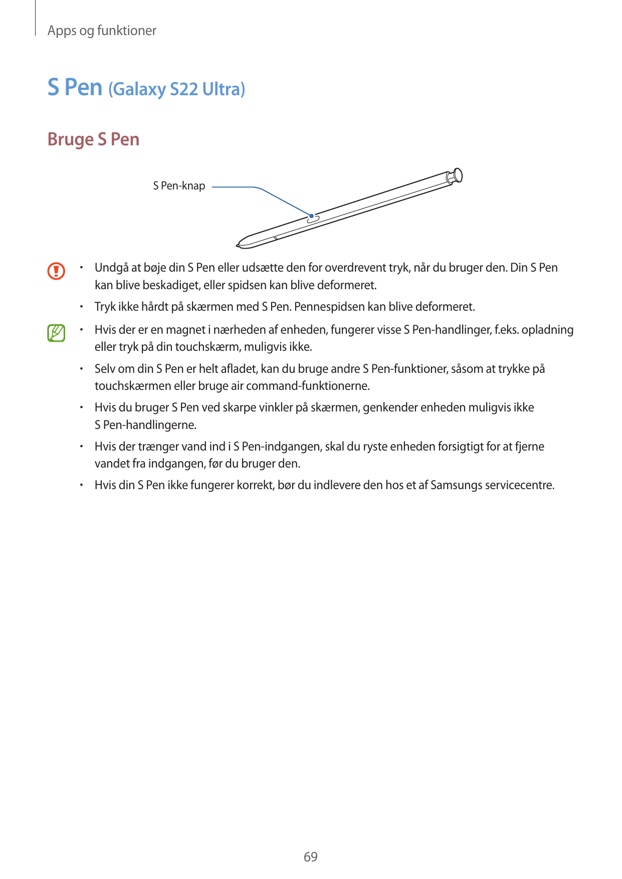 Apps og funktionerS Pen (Galaxy S22 Ultra)Bruge S PenS Pen-knap•  Undgå at bøje din S Pen eller udsætte den for overdrevent tryk