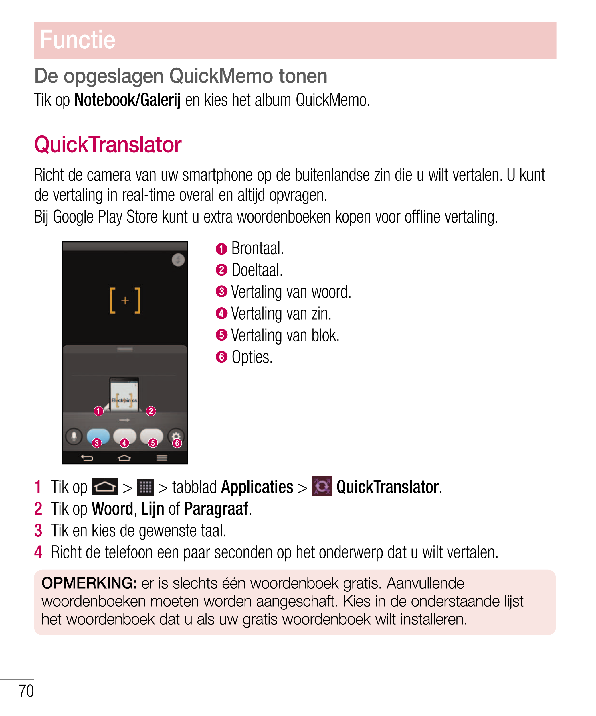 Functie
De opgeslagen QuickMemo tonen 
Tik op  Notebook/Galerij  en kies het album QuickMemo.
QuickTranslator
Richt de camera va