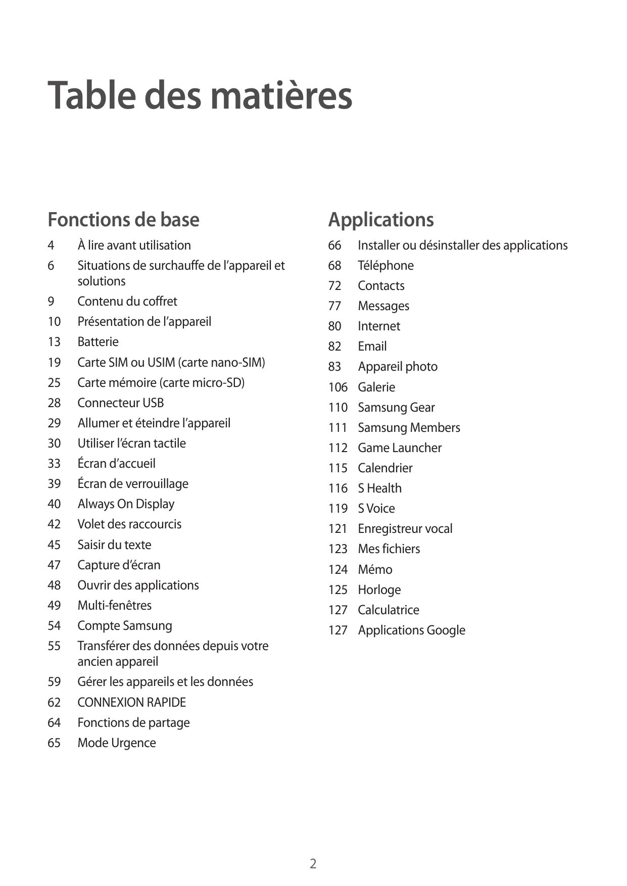 Table des matièresFonctions de baseApplications4666 Installer ou désinstaller des applications68Téléphone72Contacts77Messages80I