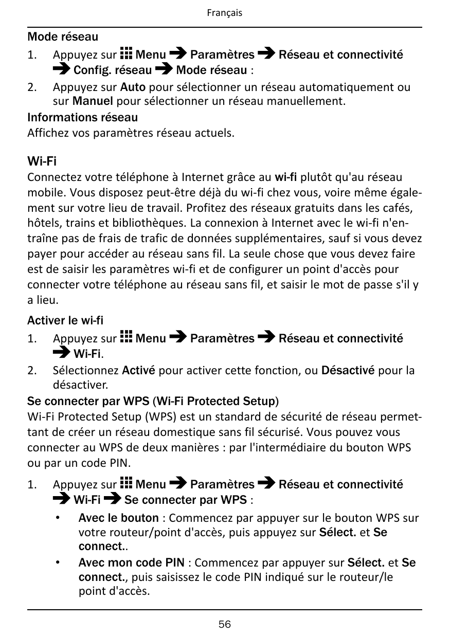 FrançaisMode réseauParamètresRéseau et connectivité1. Appuyez sur MenuConfig. réseauMode réseau :2. Appuyez sur Auto pour sélect