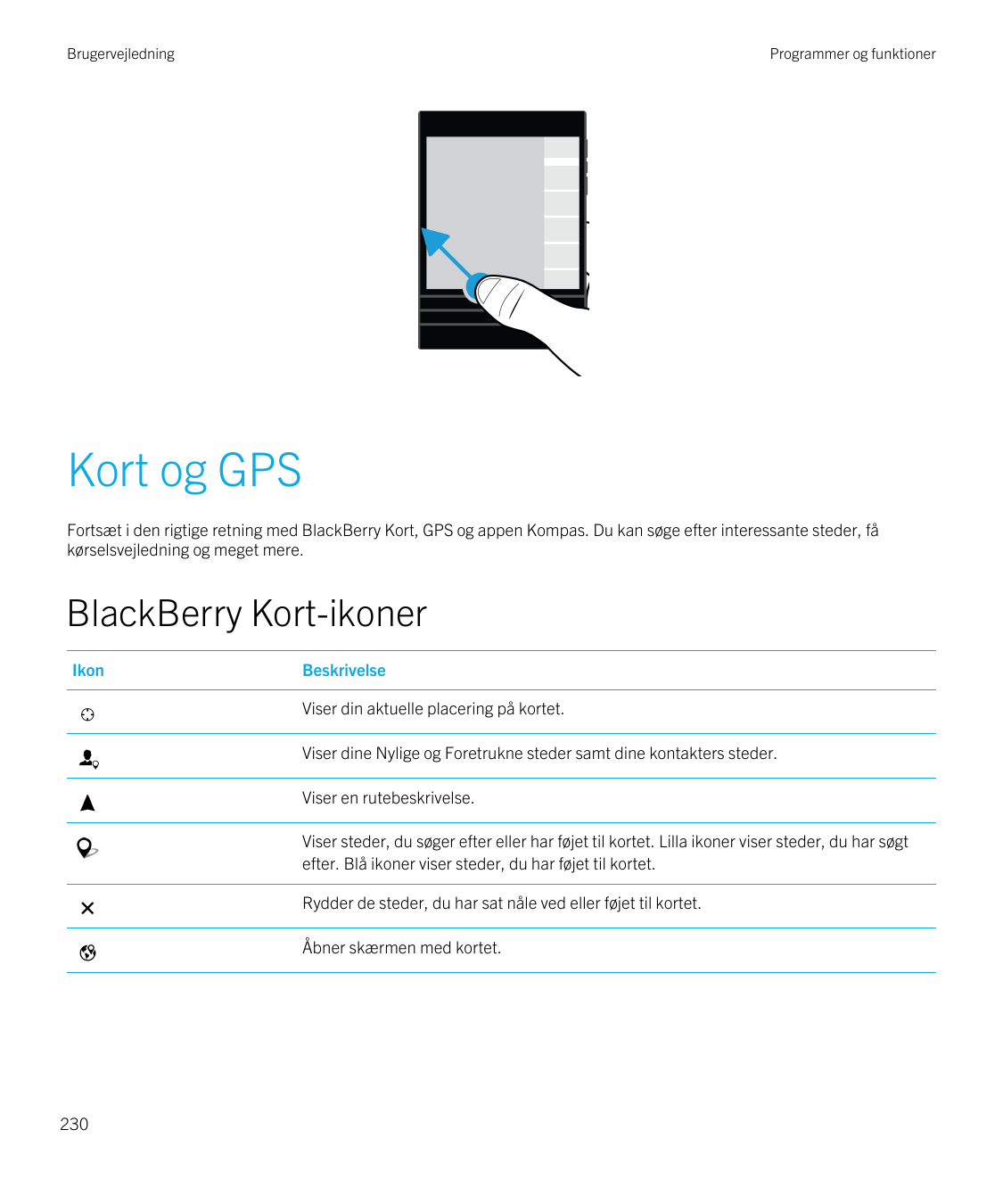 BrugervejledningProgrammer og funktionerKort og GPSFortsæt i den rigtige retning med BlackBerry Kort, GPS og appen Kompas. Du ka