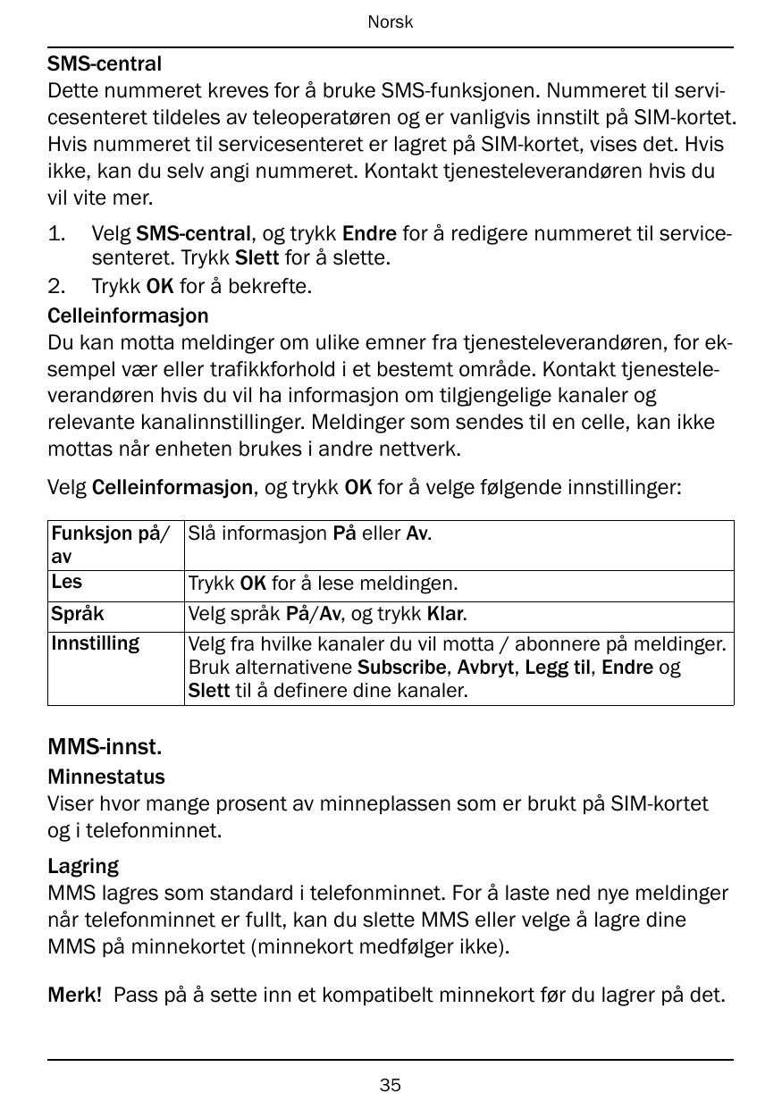 NorskSMS-centralDette nummeret kreves for å bruke SMS-funksjonen. Nummeret til servicesenteret tildeles av teleoperatøren og er 