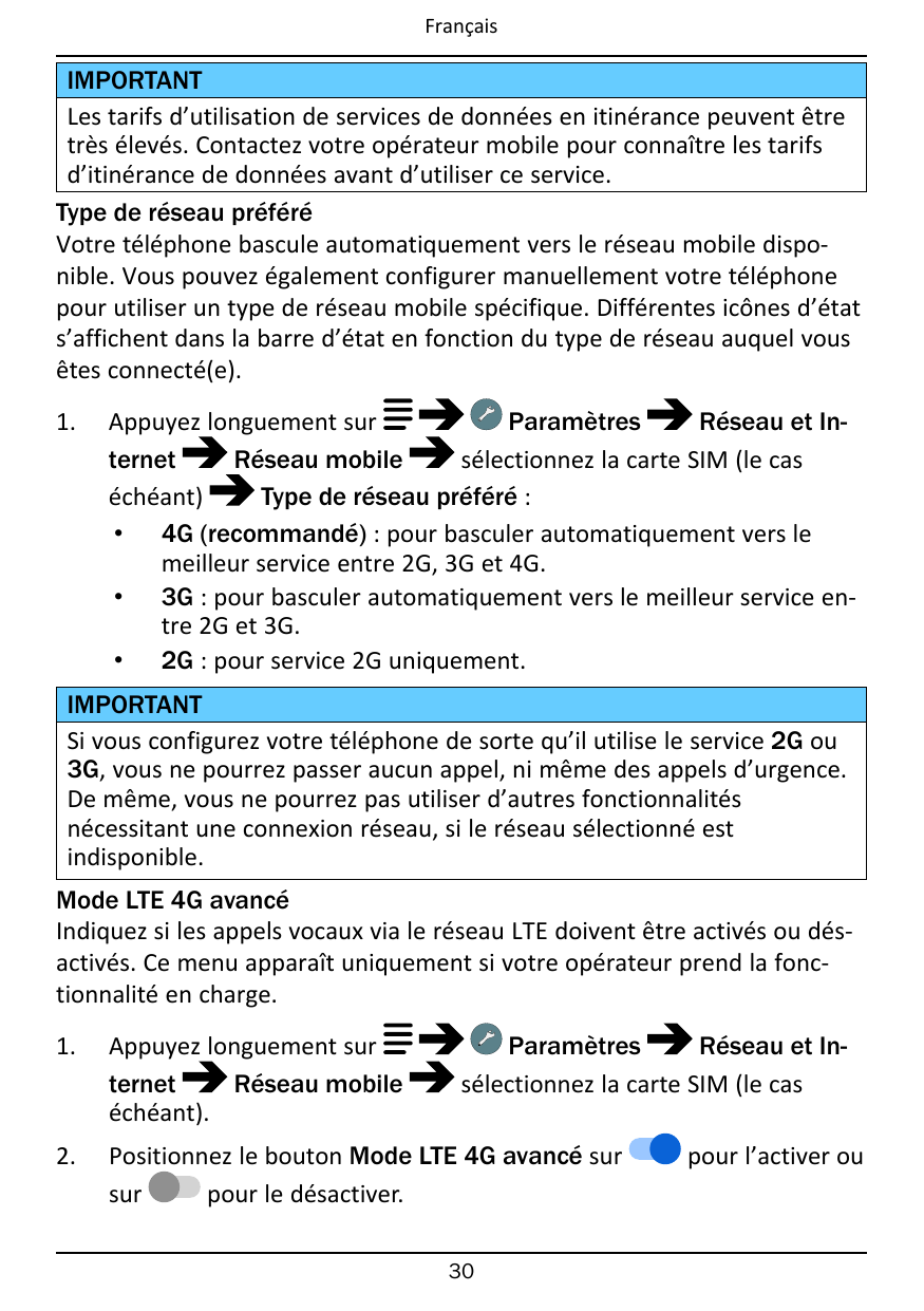 FrançaisIMPORTANTLes tarifs d’utilisation de services de données en itinérance peuvent êtretrès élevés. Contactez votre opérateu