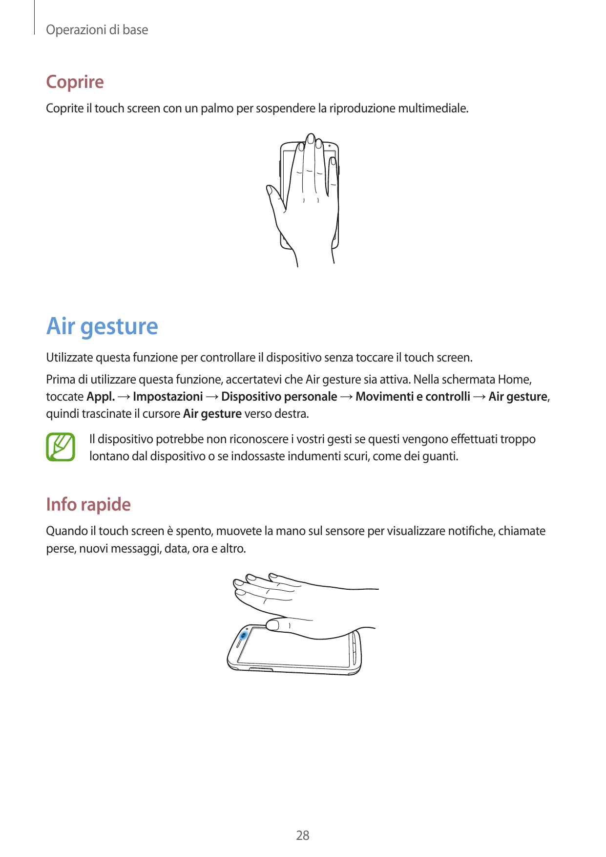 Operazioni di baseCoprireCoprite il touch screen con un palmo per sospendere la riproduzione multimediale.Air gestureUtilizzate 