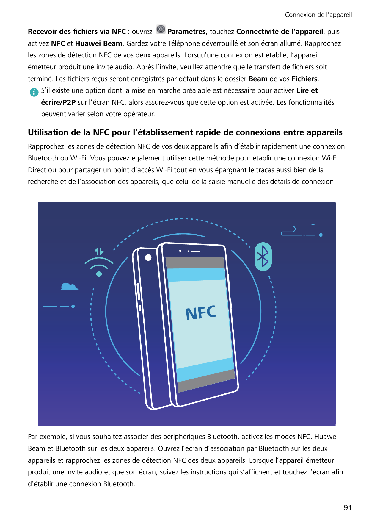 Connexion de l'appareilRecevoir des fichiers via NFC : ouvrezParamètres, touchez Connectivité de l'appareil, puisactivez NFC et 