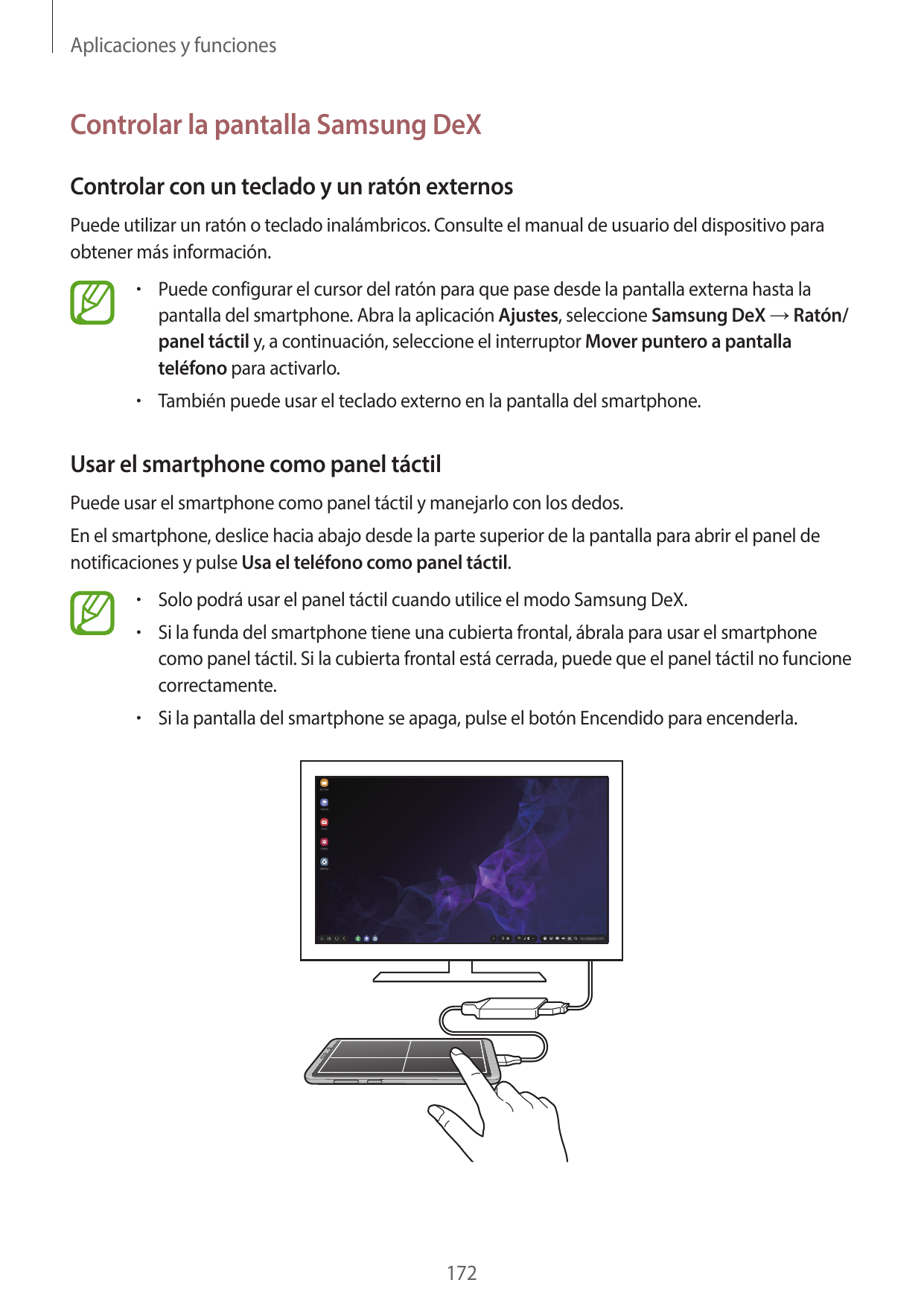 Aplicaciones y funcionesControlar la pantalla Samsung DeXControlar con un teclado y un ratón externosPuede utilizar un ratón o t