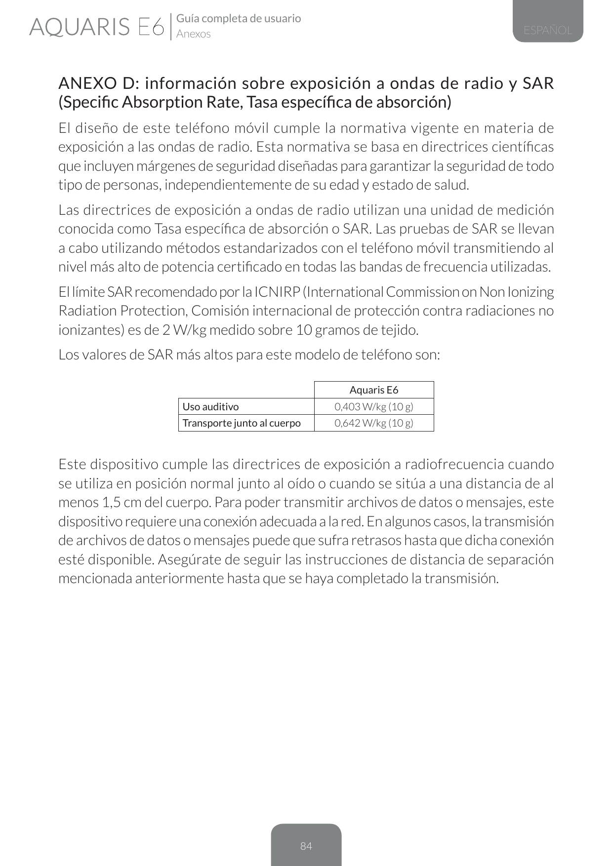 Guía completa de usuarioAnexosESPAÑOLANEXO D: información sobre exposición a ondas de radio y SAR(Specific Absorption Rate, Tasa