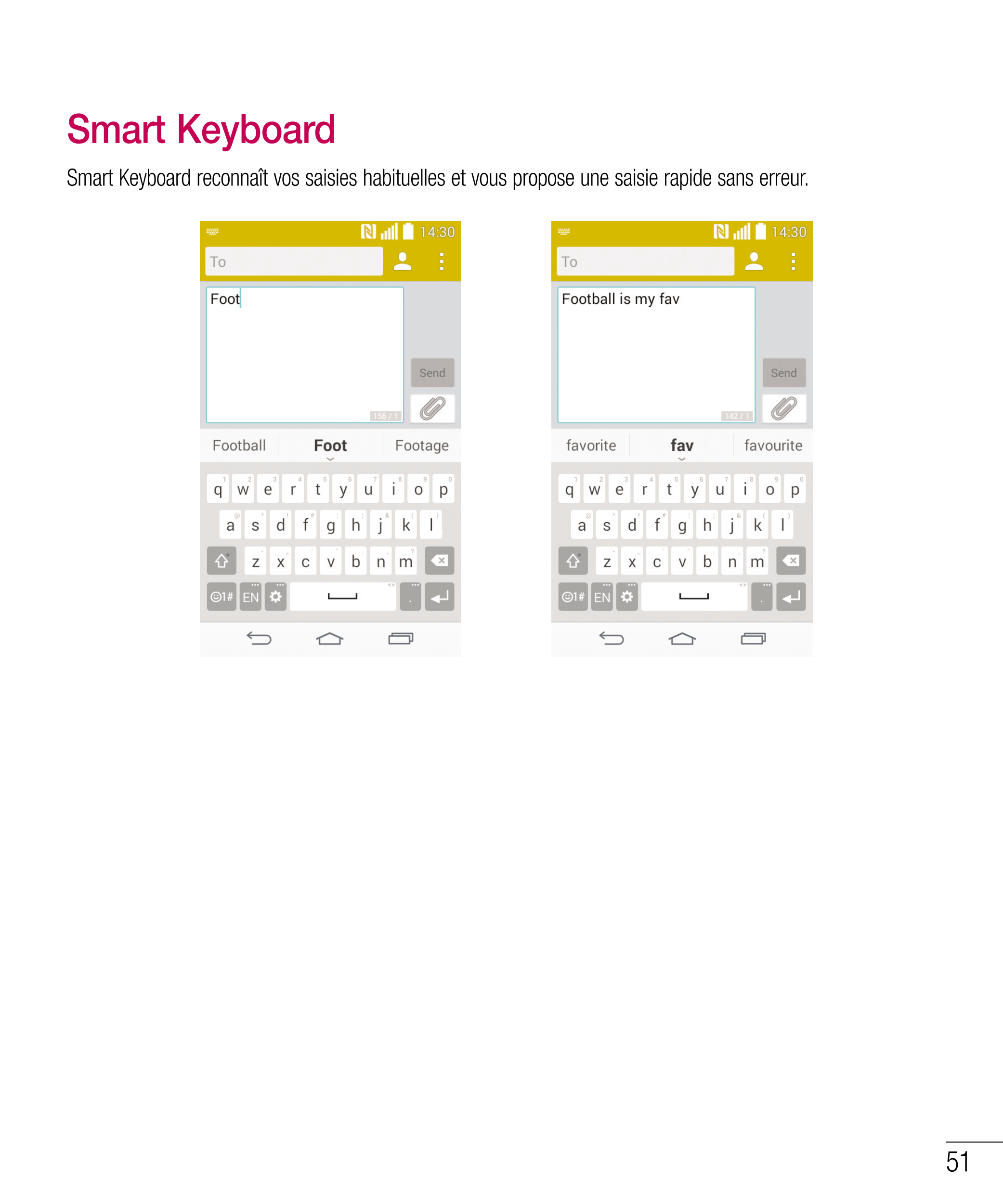 Smart Keyboard
Smart Keyboard reconnaît vos saisies habituelles et vous propose une saisie rapide sans erreur.
51