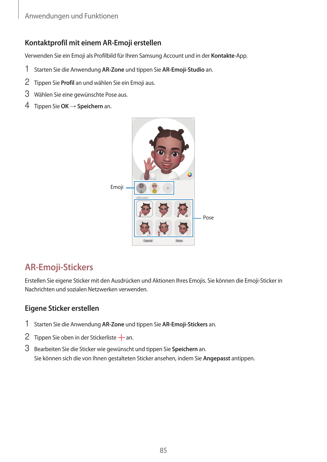 Anwendungen und FunktionenKontaktprofil mit einem AR-Emoji erstellenVerwenden Sie ein Emoji als Profilbild für Ihren Samsung Acc