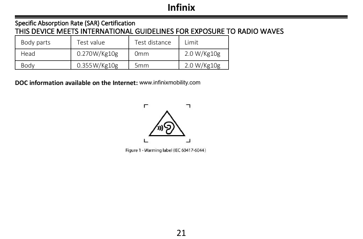 InfinixSpecific Absorption Rate (SAR) CertificationTHIS DEVICE MEETS INTERNATIONAL GUIDELINES FOR EXPOSURE TO RADIO WAVESBody pa