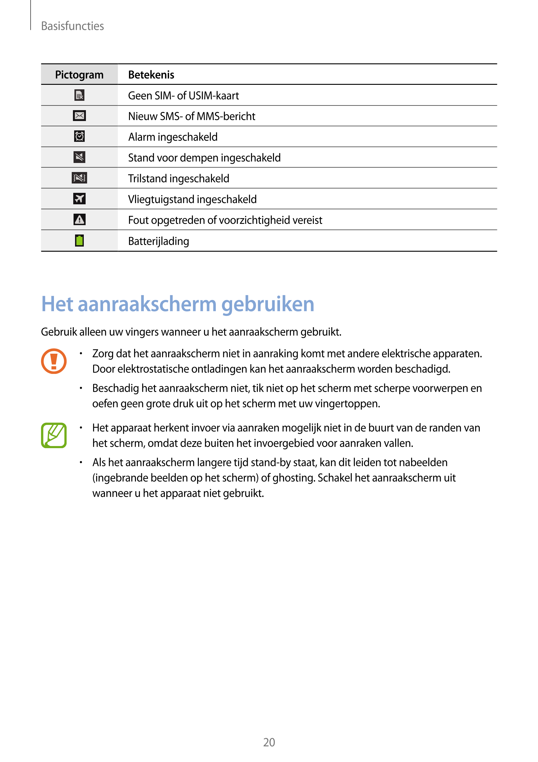 Basisfuncties
Pictogram        Betekenis
Geen SIM- of USIM-kaart
Nieuw SMS- of MMS-bericht
Alarm ingeschakeld
Stand voor dempen 