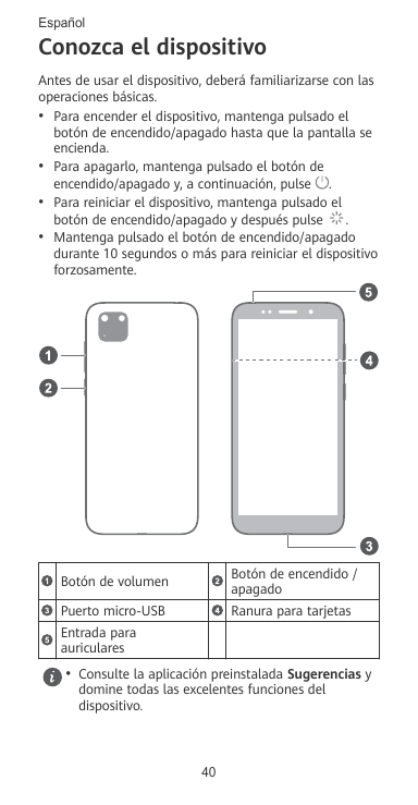 EspañolConozca el dispositivoAntes de usar el dispositivo, deberá familiarizarse con lasoperaciones básicas.• Para encender el d