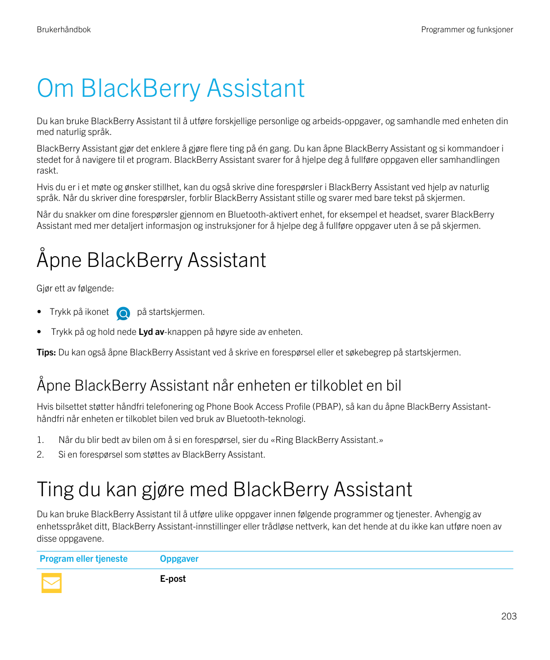 BrukerhåndbokProgrammer og funksjonerOm BlackBerry AssistantDu kan bruke BlackBerry Assistant til å utføre forskjellige personli