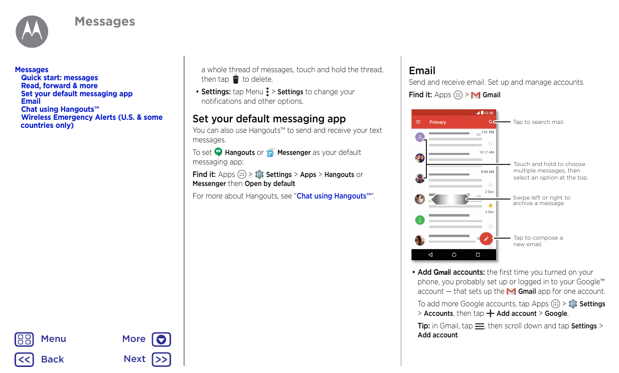 MessagesMessagesQuick start: messagesRead, forward & moreSet your default messaging appEmailChat using Hangouts™Wireless Emergen