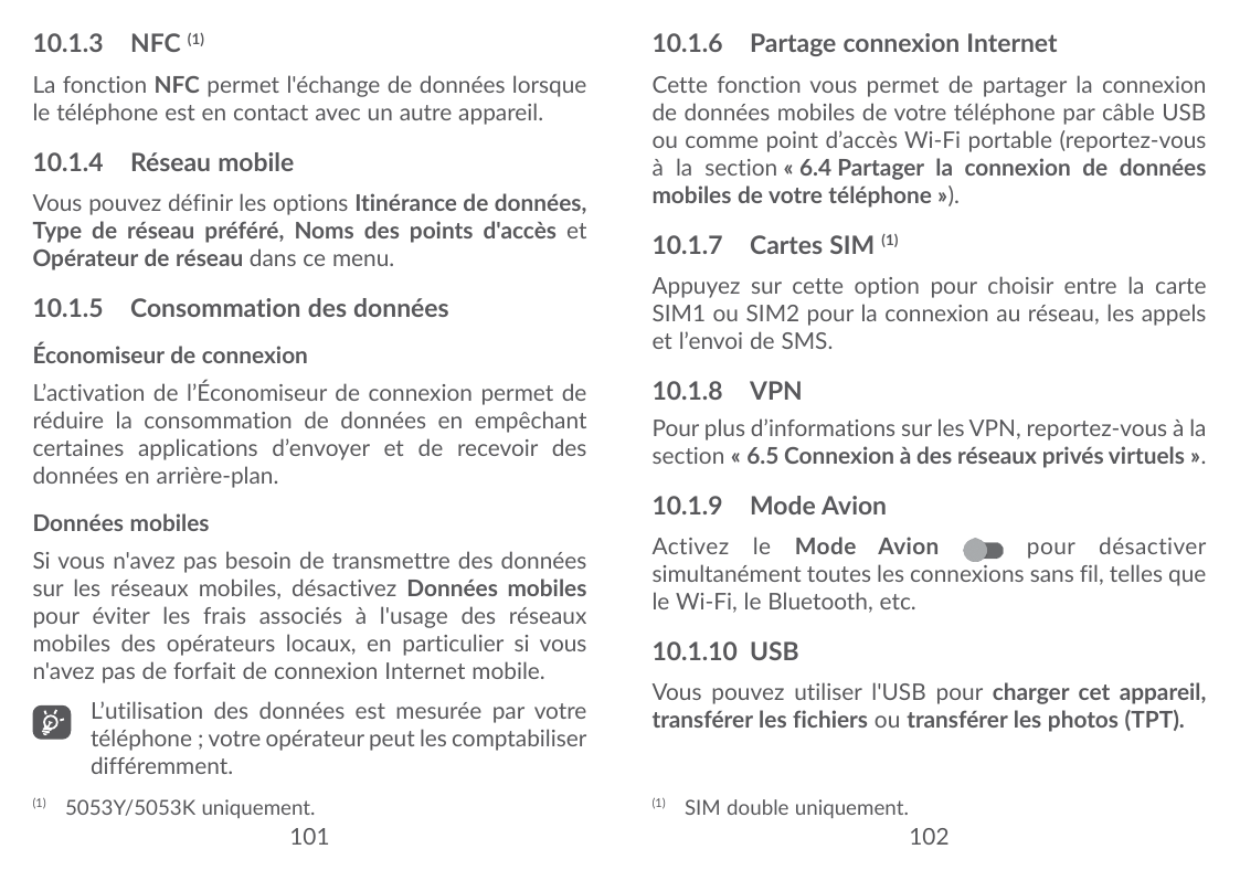 10.1.3 NFC (1)10.1.6 Partage connexion InternetLa fonction NFC permet l'échange de données lorsquele téléphone est en contact av