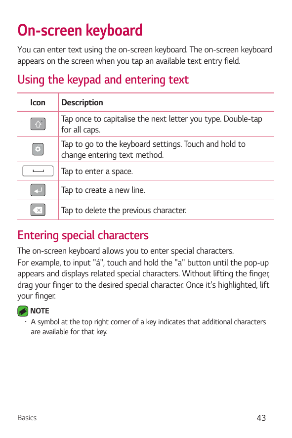 On-screen keyboardYou can enter text using the on-screen keyboard. The on-screen keyboardappears on the screen when you tap an a