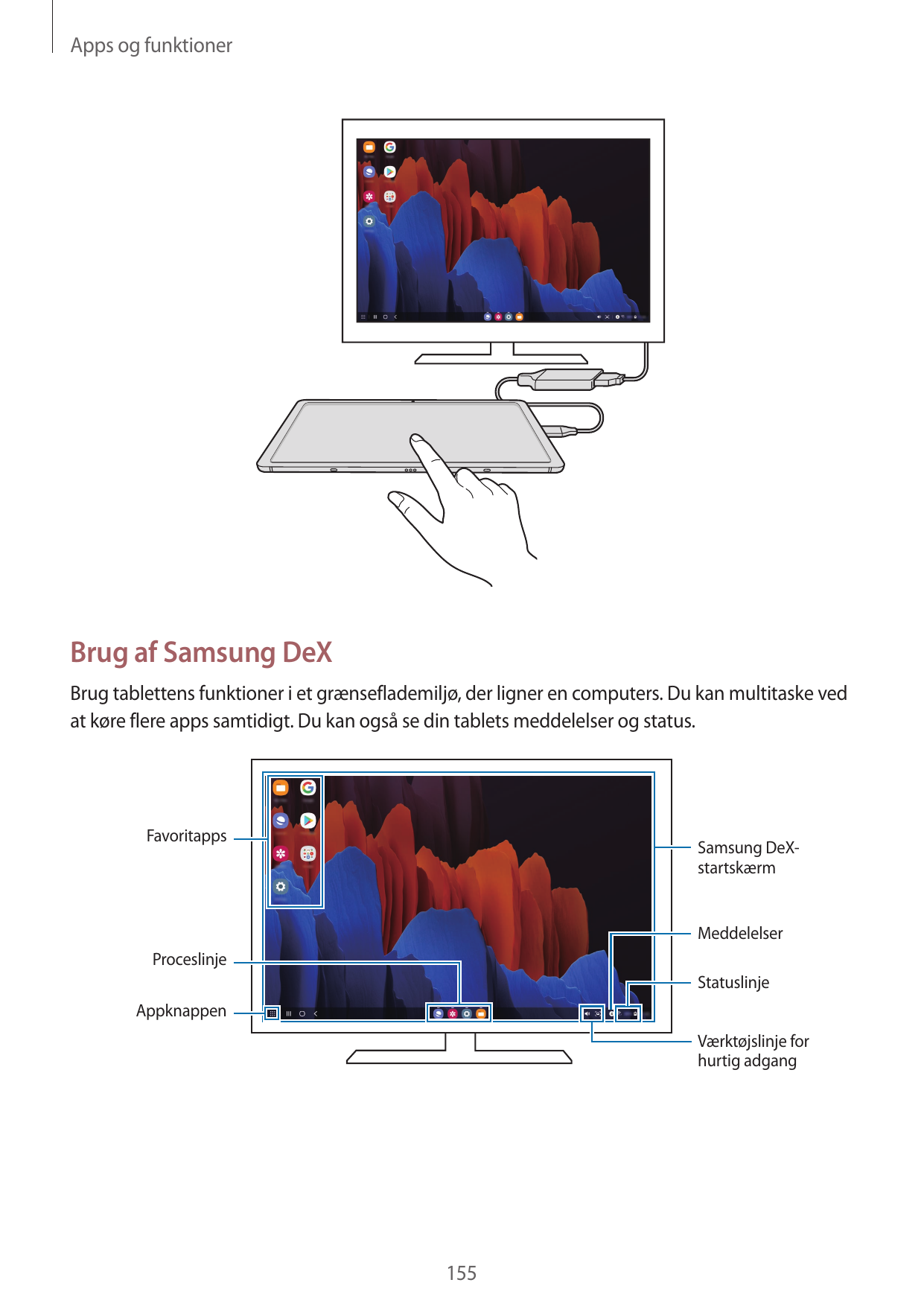 Apps og funktionerBrug af Samsung DeXBrug tablettens funktioner i et grænseflademiljø, der ligner en computers. Du kan multitask